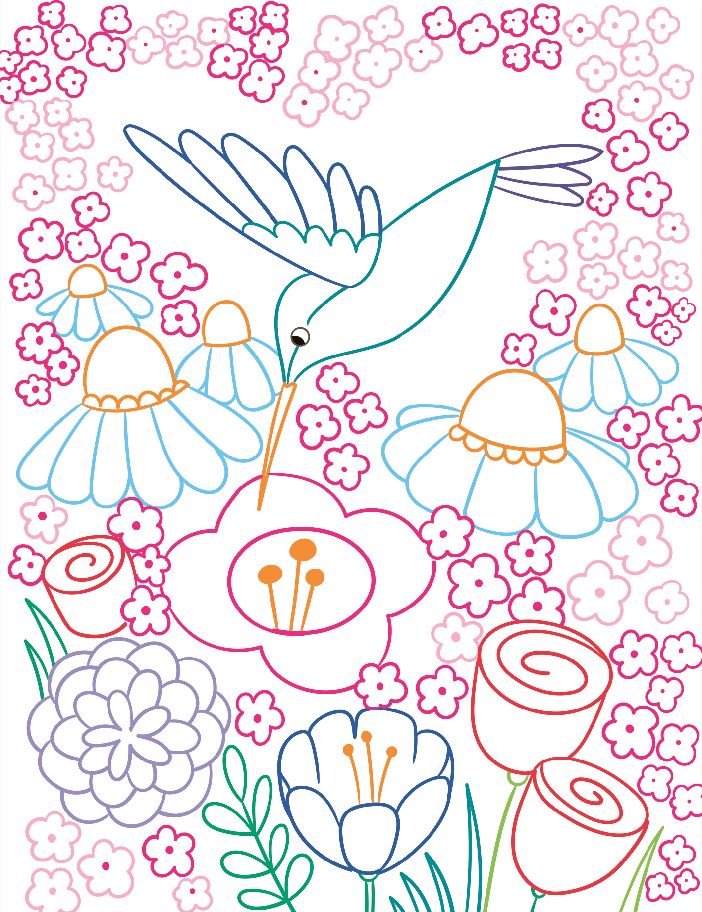 Gezeigt wird eine Innen- oder Zusatzansicht von „Zauberbilder – Dschungel“. Die Illustration zeigt einen Kolibri, der sich über bunte Blumen beugt. Die Blumen sind in sanften Pastellfarben gehalten, darunter Rosatöne und Hellblau. Klare, geschwungene Linien prägen die Komposition, während eine Vielzahl von Details in den Blütenblättern erkennbar ist.