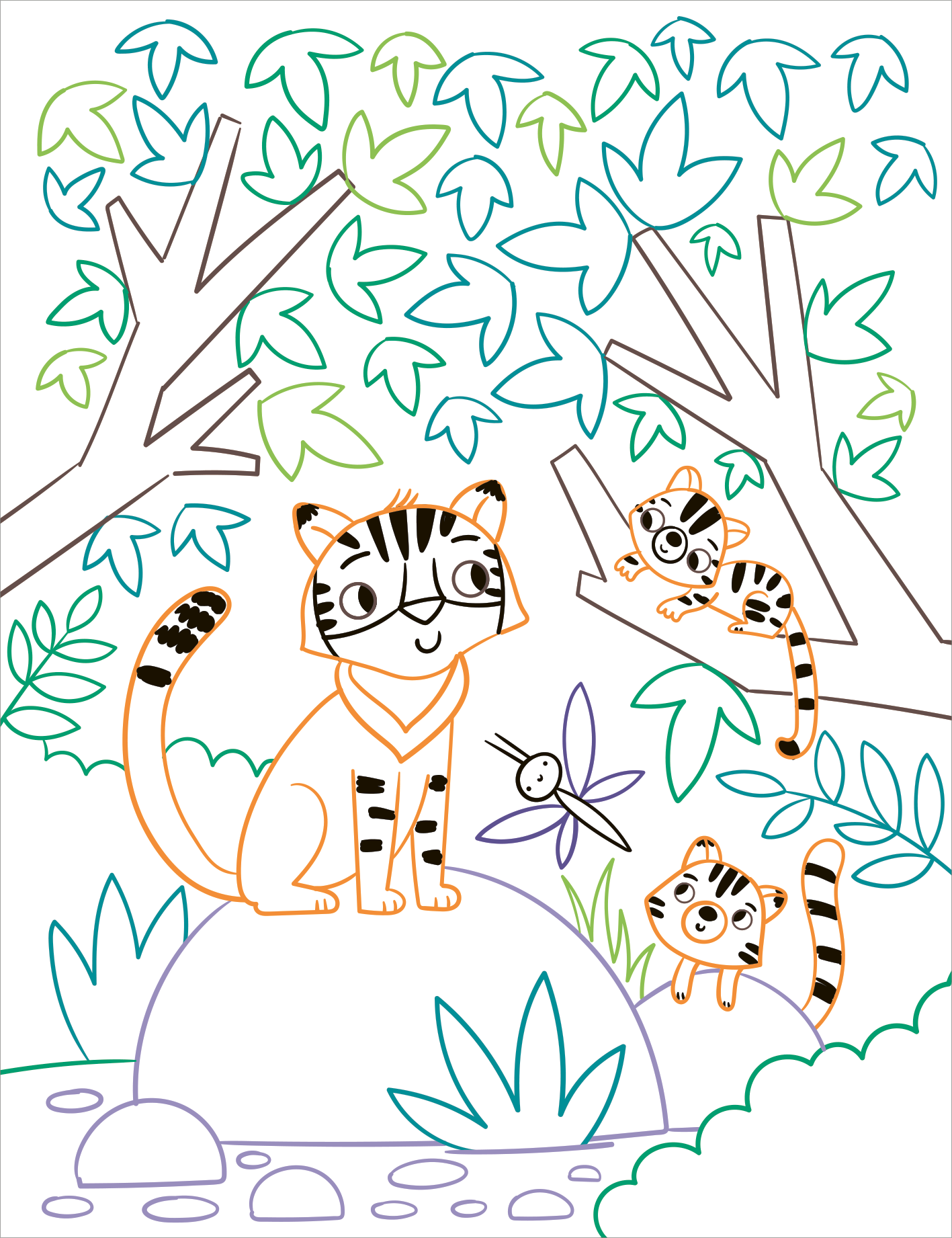 Gezeigt wird eine Innen- oder Zusatzansicht von „Zauberbilder – Dschungel“. Die Illustration zeigt einen freundlichen, orangefarbenen Tiger, umgeben von grünen Blättern und Bäumen. Zwei kleine Tiger befinden sich in den Ästen eines Baumes. Ein Schmetterling schwebt in der Mitte des Bildes. Die Farben sind klar und in sanften Tönen gehalten, während die Strichführung einfach und kindgerecht gestaltet ist. Ausschließlich die Konturen sind bunt.