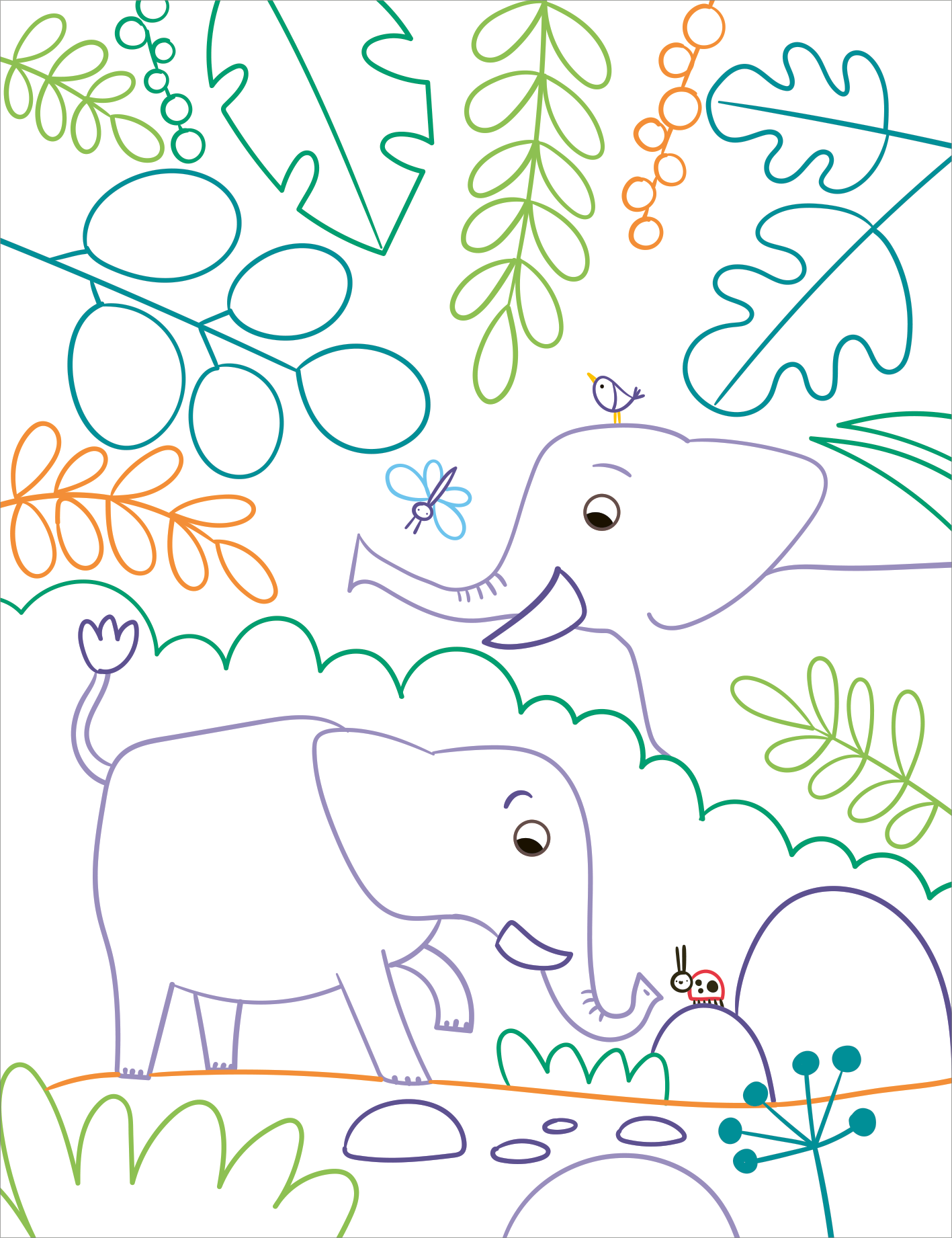 Gezeigt wird eine Innen- oder Zusatzansicht von „Zauberbilder – Dschungel“. Die Illustration zeigt zwei freundliche Elefanten in einem lebhaften Dschungelsetting, umgeben von verschiedenen Pflanzen und Blättern in bunten Farben wie Grün, Orange und Blau. Die Konturen sind klar und einladend, mit spielerischen Details wie einem kleinen Vogel und einem Käfer, die dem Gesamtbild eine fröhliche Atmosphäre verleihen.