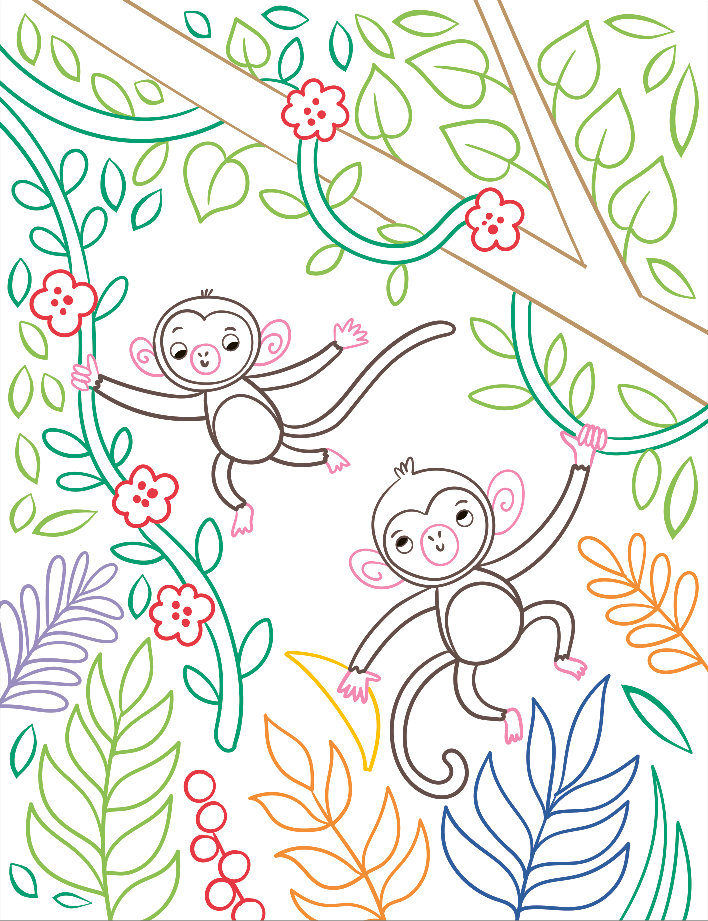 Gezeigt wird eine Innen- oder Zusatzansicht von „Zauberbilder – Dschungel“. Die Illustration zeigt zwei verspielte Affen, die an verzweigten Lianen hängen. Umgeben sind sie von bunten, stilisierten Blättern in verschiedenen Farben wie grün, lila, orange und rot, sowie kleinen, blühenden Pflanzen. Die Konturen sind klar und fein, die Farbgebung ist lebhaft und ansprechend, was eine fröhliche, einladende Atmosphäre schafft.