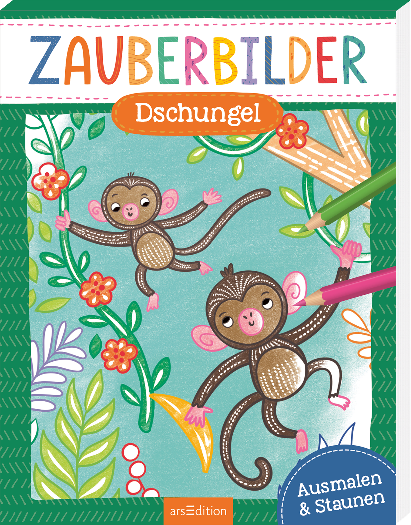 Zu sehen ist die 3D-Ansicht des Malblocks. Das Buchcover zeigt zwei niedliche, cartoonartige Affen, die spielerisch an bunten Lianen hängen. Der Hintergrund ist in einem sanften Türkis gehalten, umgeben von grünen Blättern und blühenden, farbenfrohen Blumen. Der Titel „ZAUBERBILDER“ erscheint in fröhlichen, bunten Buchstaben oben, während „Dschungel“ in einem leuchtenden Orange hervorgehoben ist. Der Hinweis „Ausmalen & Staunen“ ist in einem kleinen blauen Kreis unten...