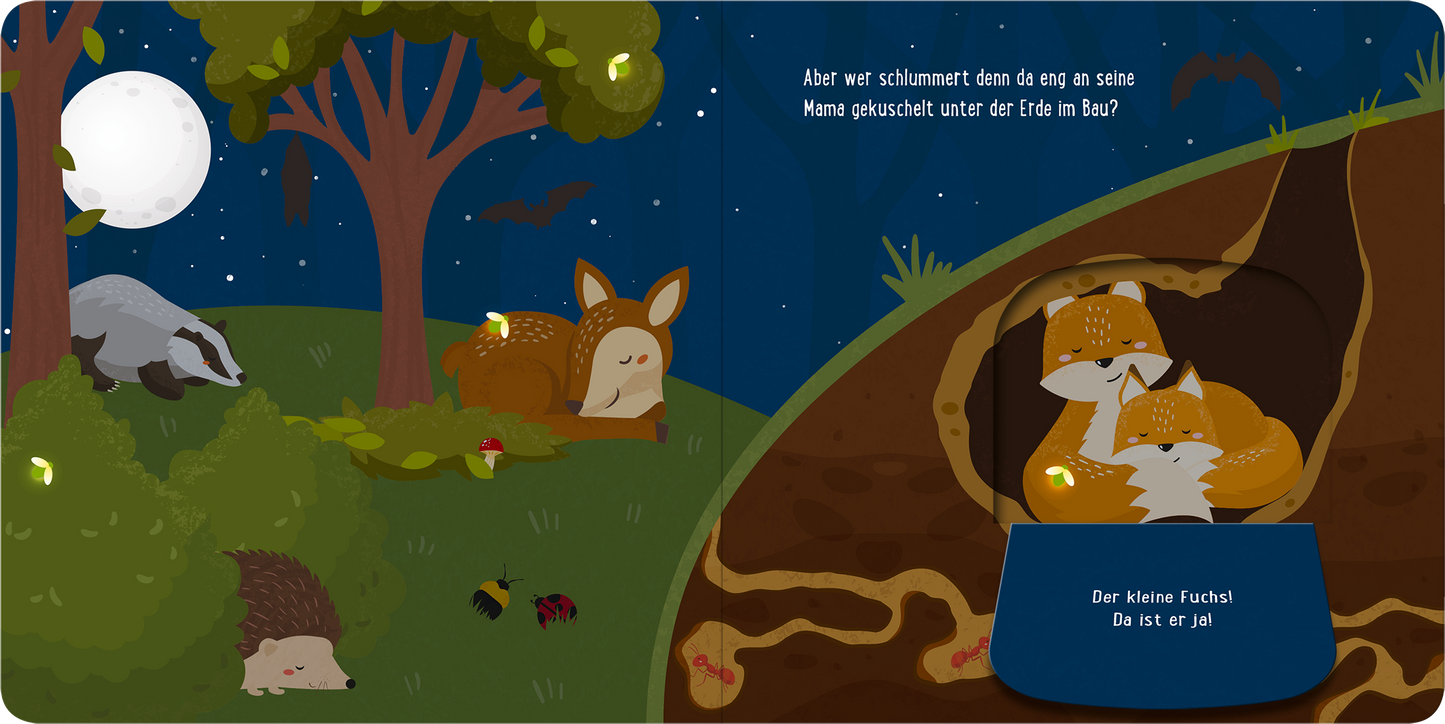 Gezeigt wird eine Innen- oder Zusatzansicht von „Mein kleines Klappenbuch – Im Wald“. Die Illustration zeigt eine nächtliche Waldszene mit einem großen, leuchtenden Mond und einem tiefblauen Himmel. In der Mitte ruhen ein Fuchs und ein Dachs unter einem Baum, umgeben von grünem Gras und bunten Insekten. Auf der rechten Seite ist ein Fuchsbau abgebildet, in dem kleine Füchse zu sehen sind. Die Typografie ist verspielt und kindgerecht gestaltet.
