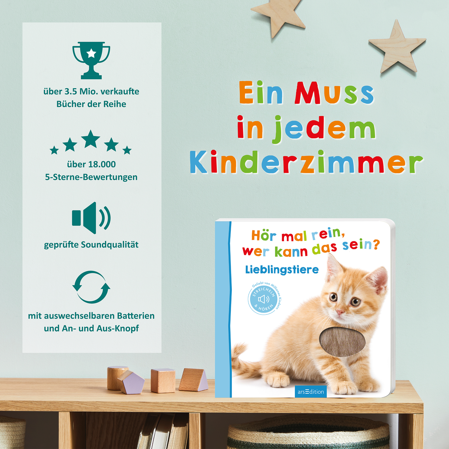 Gezeigt wird eine Innen- oder Zusatzansicht von „Hör mal rein, wer kann das sein? – Tiere im Herbst“. Die Darstellung umfasst ein farbenfrohes Design mit einer dominierenden weißen Buchcover, auf dem ein süßes, orangefarbenes Kätzchen abgebildet ist. Der Titel ist in verspielter, mehrfarbiger Typografie gehalten. Im Hintergrund sind Sterne und geometrische Formen in sanften Pastelltönen zu sehen, während Informationen über Verkaufszahlen und Bewertungen auf einer grauen Fläche...