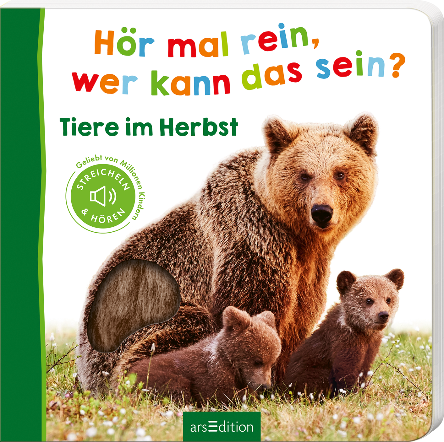 Auf dem Buchcover sind ein Braunbär und zwei Bärenjungtiere abgebildet, die in einer herbstlichen Landschaft stehen. Im Hintergrund sind Laub und Bäume in warmen, bunten Farben zu sehen. Der Titel „Hör mal rein, wer kann das sein?“ ist in freundlichen, bunten Buchstaben gestaltet, während der Untertitel „Tiere im Herbst“ in einer klaren, schlichten Schrift darunter steht. Ein grüner Button mit der Aufschrift „STREICHEN & HÖREN“ ist ebenfalls vorhanden. Ganz unten mittig...