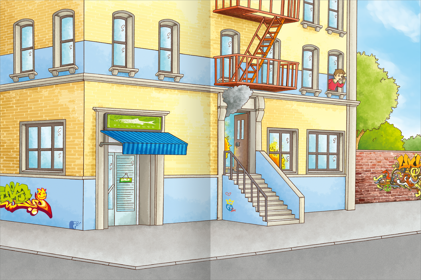 Gezeigt wird eine Innen- oder Zusatzansicht von „Mein Polizei- und Feuerwehr-Stickerheft“. Die Illustration zeigt eine bunte Stadtansicht mit einem gelben Gebäude und einer blauen Fensterbank. An der Fassade sind bunte Graffiti zu sehen. Eine Treppe führt zum Eingang, während aus einem Fenster Rauch aufsteigt. Im Hintergrund schimmert ein grüner Baum. Die Farben sind lebhaft und ansprechend, wobei die Schrift eine klare, kinderfreundliche Typografie verwendet.