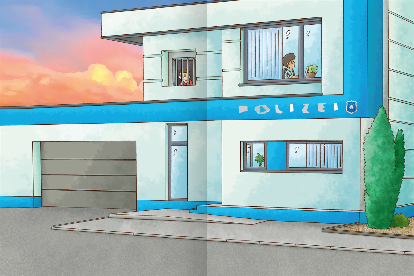 Gezeigt wird eine Innen- oder Zusatzansicht von „Mein Polizei- und Feuerwehr-Stickerheft“. Die Illustration zeigt ein modernes Polizeigebäude in hellen Farben. Die Fassade ist überwiegend in Weiß und Blau gehalten. Mehrere Fenster sind sichtbar, darunter eines mit einem Kind, das eine Pflanze hält. Ein weiteres Fenster ist leicht geöffnet, und im Hintergrund sind orangefarbene Wolken zu sehen, die einen Sonnenuntergang andeuten. Die Schrift „POLIZEI“ ist deutlich lesbar.