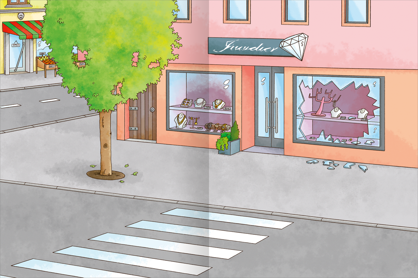 Gezeigt wird eine Innen- oder Zusatzansicht von „Mein Polizei- und Feuerwehr-Stickerheft“. Die Illustration zeigt eine bunte Stadtansicht mit einem modernen Juweliergeschäft, das durch zerbrochene Fensterscheiben auffällt. Eine große grüne Baum steht vor dem Geschäft, während die Straße mit einem Zebrastreifen verläuft. Die Farbgestaltung ist lebhaft, mit Haupttönen in Pastellblau und Rosa. Die Typografie im Schriftzug „Juwelier“ ist klar und modern, gut lesbar.