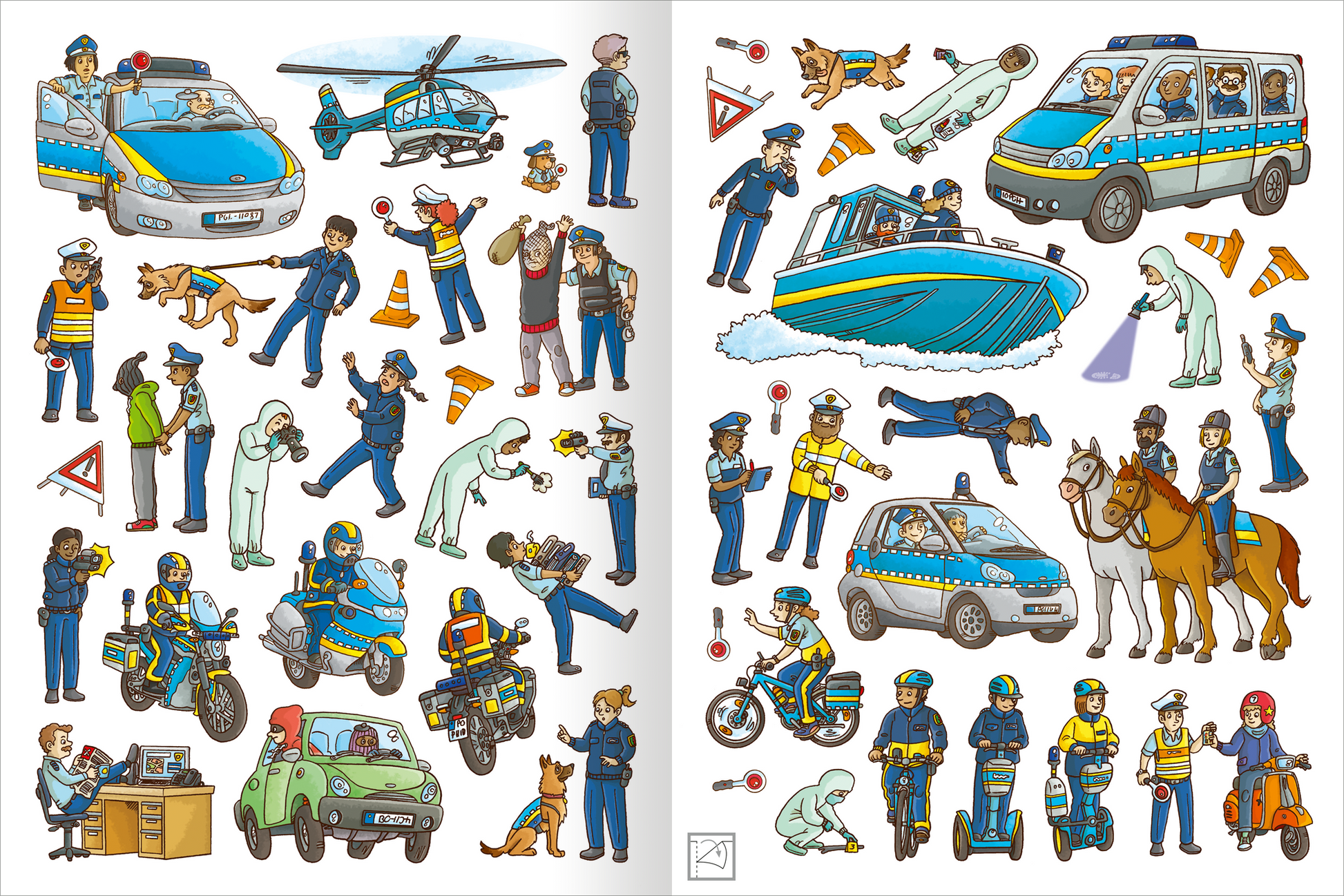 Gezeigt wird eine Innen- oder Zusatzansicht von „Mein Polizei- und Feuerwehr-Stickerheft“. Die Seite enthält zahlreiche farbenfrohe Illustrationen von Polizei- und Feuerwehrmotiven, darunter Einsatzfahrzeuge wie Polizeiautos und Hubschrauber sowie Einsatzkräfte in verschiedenen Uniformen. Die Hauptfarben sind Blau, Gelb und Weiß. Die Szenen zeigen diverse Aktivitäten, wie Verkehrskontrollen und Rettungseinsätze, abgerundet durch kindgerechte Typografie mit klarer, großer Schrift.