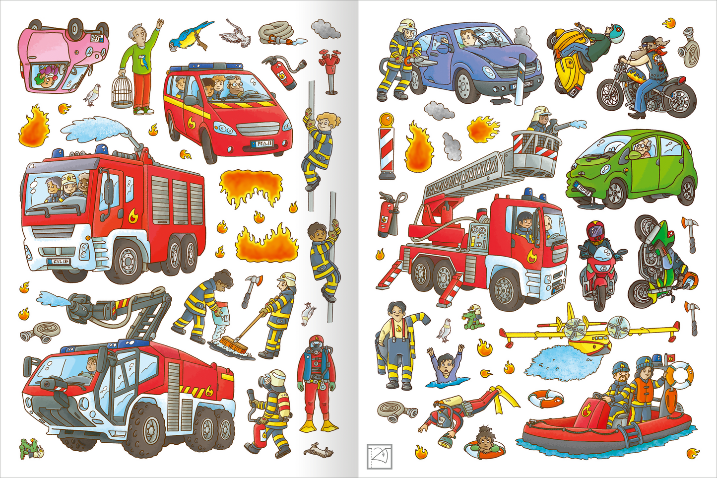 Gezeigt wird eine Innen- oder Zusatzansicht von „Mein Polizei- und Feuerwehr-Stickerheft“. Auf der Doppelseite sind bunte Illustrationen von Feuerwehr- und Polizeifahrzeugen, Rettungsszenen und Einsatzkräften in Aktion zu sehen. Dominierende Farben sind Rot, Blau und Gelb, die lebhafte und dynamische Szenen darstellen. Die typografische Schriftart ist klar und kindgerecht, wobei wichtige Begriffe hervorstechen und die Darstellung kindliche Neugier weckt.