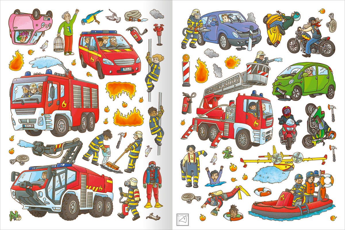 Gezeigt wird eine Innen- oder Zusatzansicht von „Mein Polizei- und Feuerwehr-Stickerheft“. Auf der Doppelseite sind bunte Illustrationen von Feuerwehr- und Polizeifahrzeugen, Rettungsszenen und Einsatzkräften in Aktion zu sehen. Dominierende Farben sind Rot, Blau und Gelb, die lebhafte und dynamische Szenen darstellen. Die typografische Schriftart ist klar und kindgerecht, wobei wichtige Begriffe hervorstechen und die Darstellung kindliche Neugier weckt.