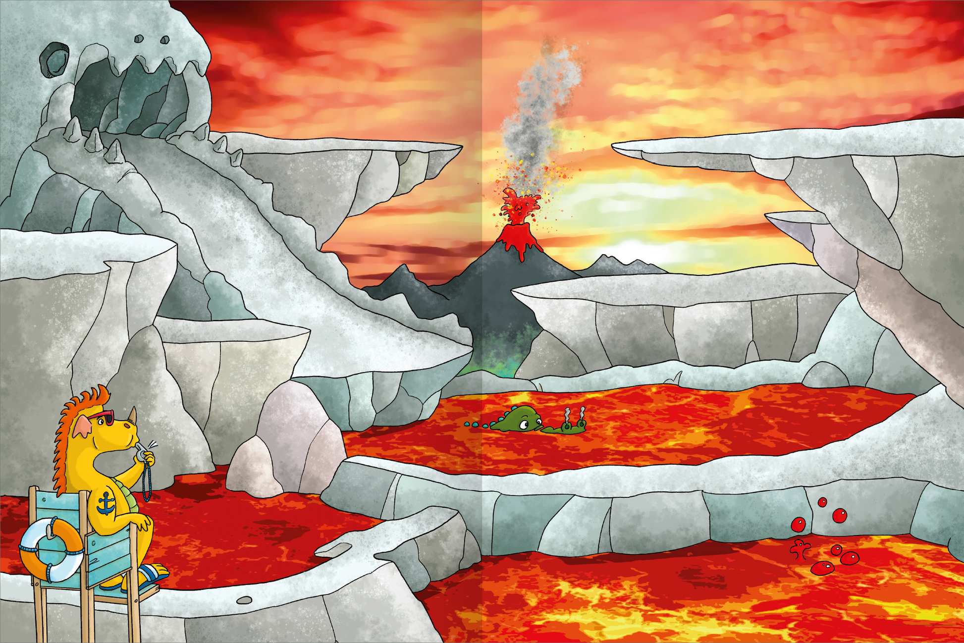 Gezeigt wird eine Innen- oder Zusatzansicht von „Erstes Stickern Metallic – Drachen“. Die Illustration zeigt eine fantasievolle Vulkanlandschaft mit glühender Lava und einem rauchenden Vulkan im Hintergrund. Im Vordergrund sitzt ein freundlich lächelndes Drachenmaskottchen auf einem Stuhl. Die Farben sind lebhaft, mit leuchtendem Rot und Orange für die Lava und einem sanften Blau für den Drachen. Die typografischen Elemente sind verspielt und kindgerecht gestaltet.