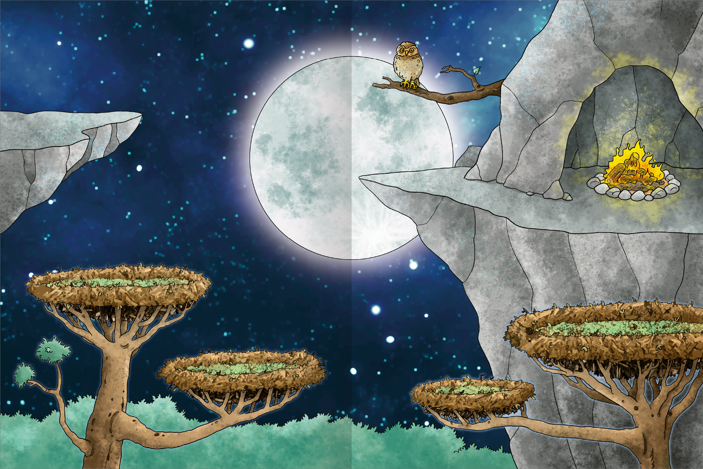 Gezeigt wird eine Innen- oder Zusatzansicht von „Erstes Stickern Metallic – Drachen“. Die Illustration zeigt eine mystische Landschaft unter einem leuchtenden Vollmond. Im Vordergrund befinden sich schalenförmige Bäume mit grünem Laub. Im Hintergrund erhebt sich ein steiler Felsen, auf dem eine Eule sitzt, während ein Feuer in einer kleinen Höhle flackert. Die Farben sind überwiegend in Blautönen gehalten, mit sanften grauen und erdigen Tönen, die eine märchenhafte Atmosphäre...