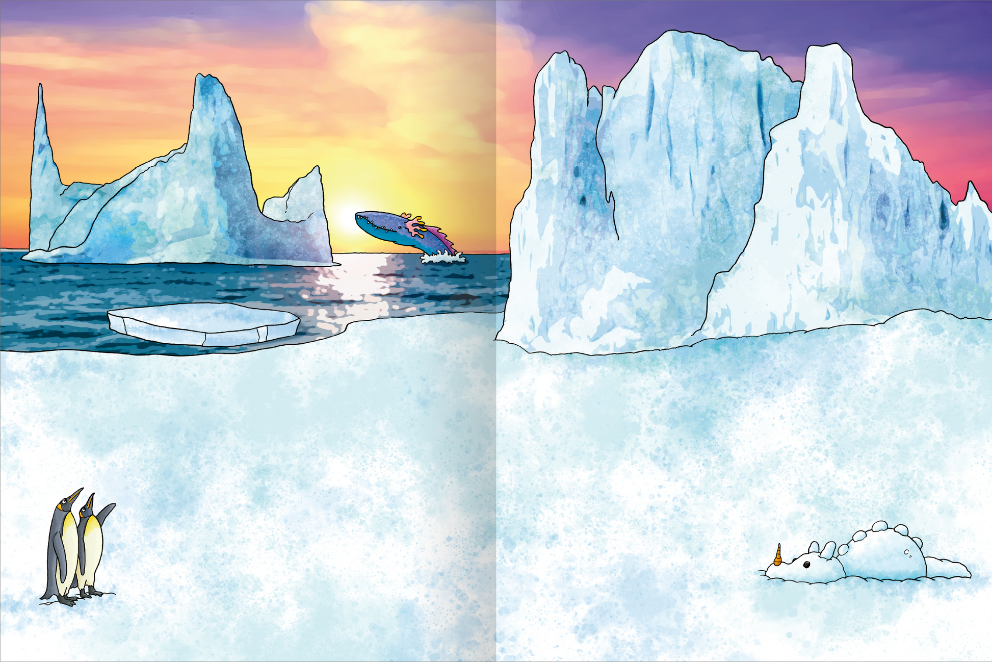 Gezeigt wird eine Innen- oder Zusatzansicht von „Erstes Stickern Metallic – Drachen“. Die Illustration zeigt eine lebendige, farbenfrohe Landschaft mit schimmernden Eisbergen und einem farbenfrohen Drachen, der über das Wasser fliegt. Im Vordergrund sind stilisierte Pinguine auf einer schneebedeckten Fläche abgebildet. Die Farbpalette umfasst sanfte Blau- und Orangetöne, die einen warmen Sonnenuntergang darstellen. Die Typografie ist kindgerecht und verspielt gestaltet.