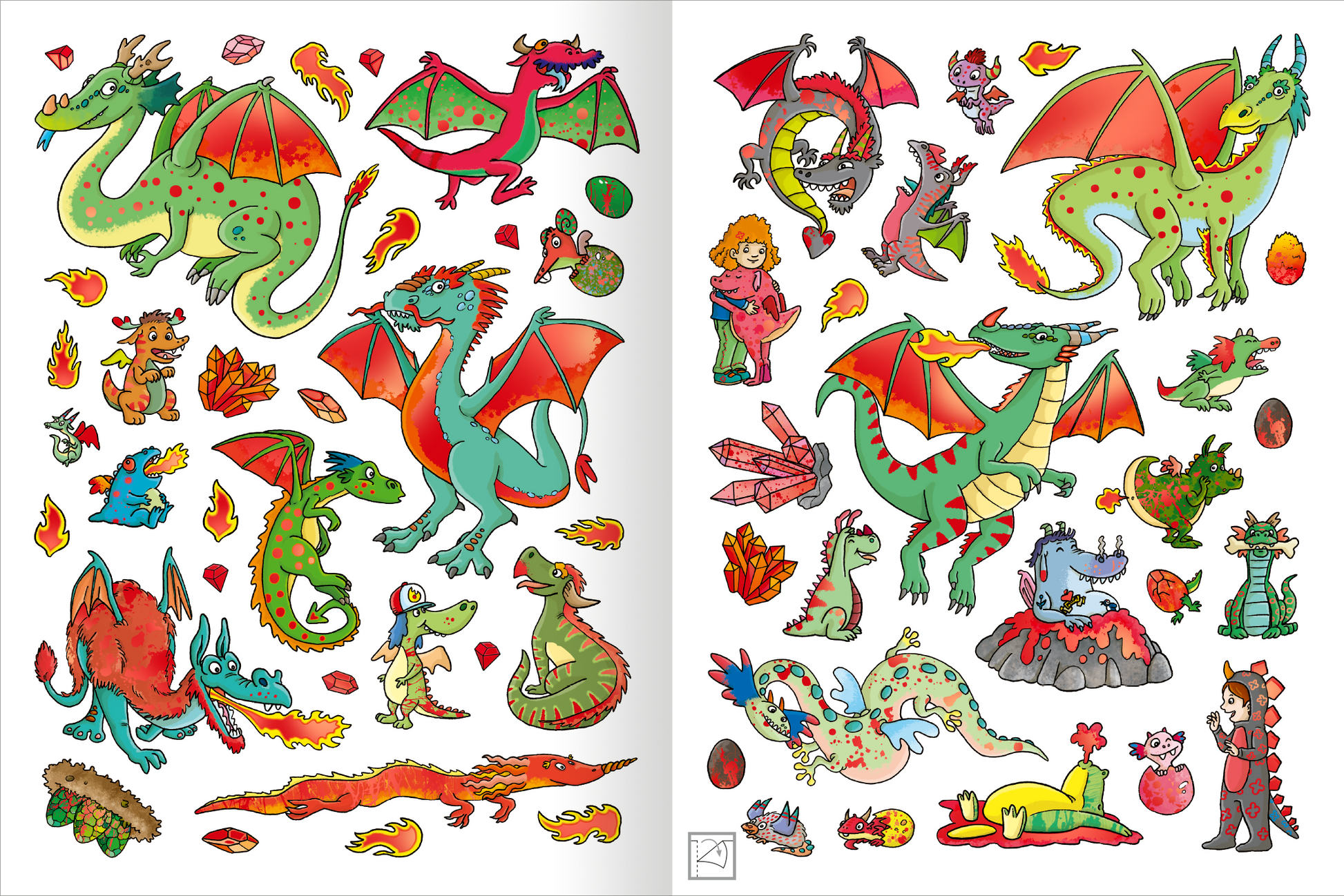 Gezeigt wird eine Innen- oder Zusatzansicht von „Erstes Stickern Metallic – Drachen“. Die Seite zeigt eine Sammlung bunter Drachen und Begleitfiguren in lebhaften Farben wie Grün, Rot und Blau. Die Drachen variaieren in Größe und Gestalt, einige haben große, leuchtend rote Flügel. Neben Drachen sind auch Elemente wie Feuer, Eier und Kristalle abgebildet. Die Illustrationen sind verspielt und kindgerecht gestaltet, ergänzt durch eine klare, gut lesbare Typografie.