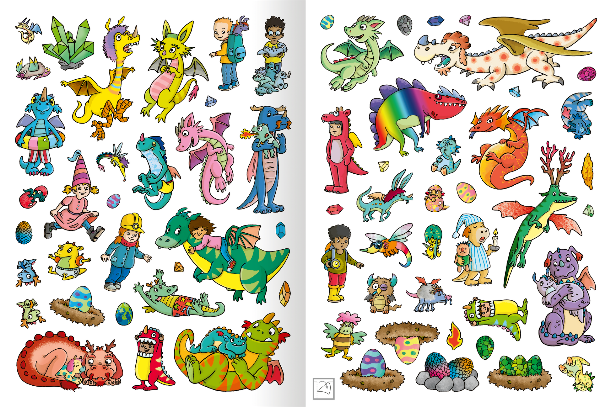 Gezeigt wird eine Innen- oder Zusatzansicht von „Erstes Stickern Metallic – Drachen“. Die Illustrierte Ansicht zeigt bunte Drachen und fantasievolle Figuren in verschiedenen Posen und Aktivitäten. Die Farbpalette umfasst lebhafte Töne wie Grün, Blau, Rot und Gelb. Mehrere Elemente wie Drachen, schlüpfende Eier und große Kristalle sind verteilt. Die Typografie ist spielerisch, kindgerecht und ergänzt die dargestellten Szenen.