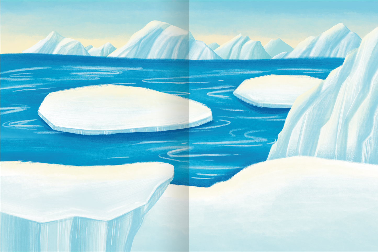 Gezeigt wird eine Innen- oder Zusatzansicht von „Erstes Stickern – Tierkinder“. Die Illustration zeigt eine frostige Landschaft mit schimmerndem, blauen Wasser und schneebedeckten, weißen Eisschollen. Im Hintergrund sind sanfte, hochaufragende Berge in diversen Blautönen zu sehen. Die Farbpalette ist hell und einladend, mit einem klaren Himmel, der die freundliche Atmosphäre betont.