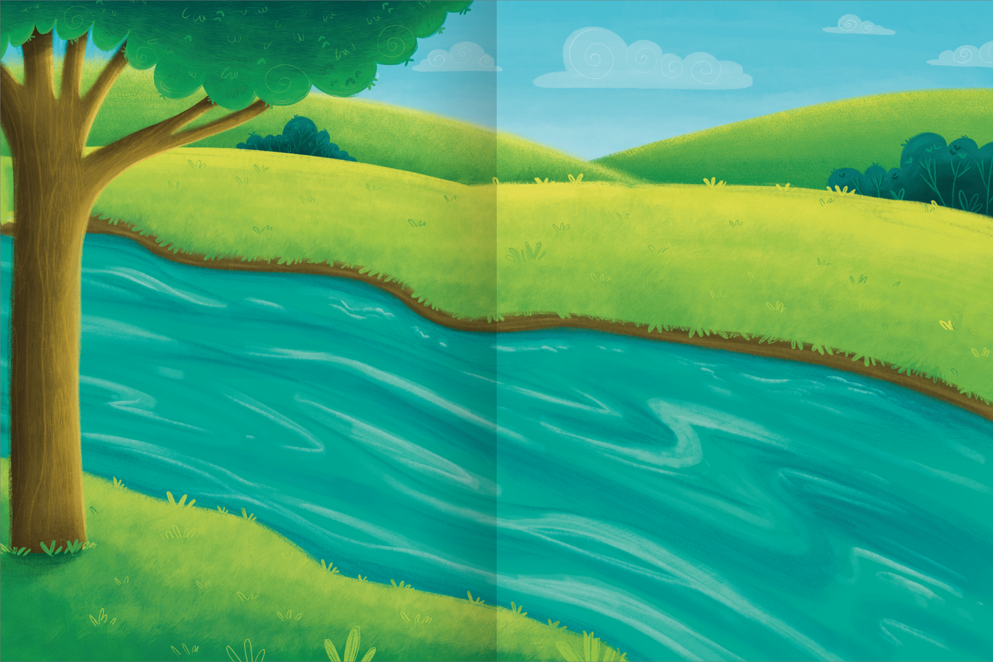Gezeigt wird eine Innen- oder Zusatzansicht von „Erstes Stickern – Tierkinder“. Die Illustration zeigt eine idyllische Landschaft mit sanften, grünen Hügeln und einem klaren, blauen Fluss, der sich durch die Szene schlängelt. Auf der linken Seite steht ein kräftiger Baum mit braunem Stamm und leuchtend grünen Blättern. Der Himmel ist hellblau mit einigen fluffigen, weißen Wolken. Die Farben sind lebhaft und einladend, was eine fröhliche Atmosphäre erzeugt.