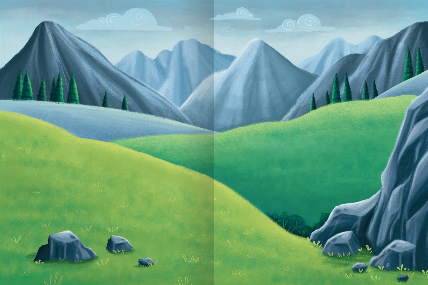 Gezeigt wird eine Innen- oder Zusatzansicht von „Erstes Stickern – Tierkinder“. Die Illustration zeigt eine sanfte, hügelige Landschaft mit grünen Wiesen und grauen, teils schroffen Bergen im Hintergrund. Hellblaue Wolken schweben am Himmel, während dunklere Tannen am Rand der Felder das Bild vervollständigen. Die Farben sind kühler aber einladend.