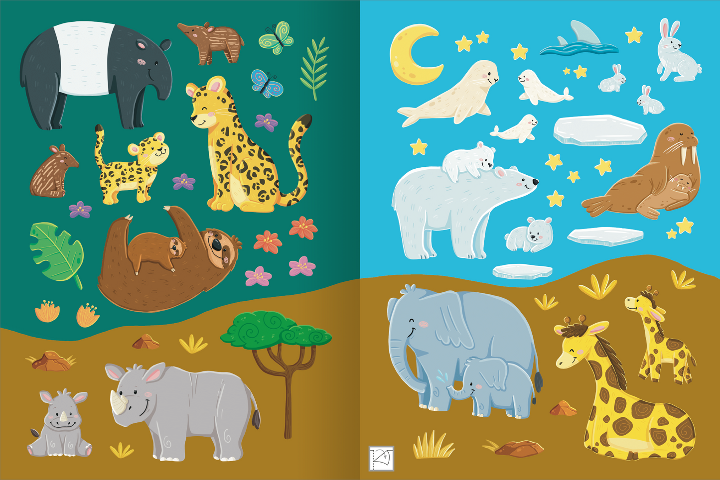 Gezeigt wird eine Innen- oder Zusatzansicht von „Erstes Stickern – Tierkinder“. Die Illustration zeigt bunte Tiermotive auf drei Hintergründen. Links ist eine grüne Fläche mit Dschungeltieren, und Pflanzen. Rechts dominiert ein blauer Hintergrund mit Tieren aus der Arktis. Auf dem braunen Hintergrund sind vorwiegend Steppentiere zu sehen wir Elefanten und Giraffen.