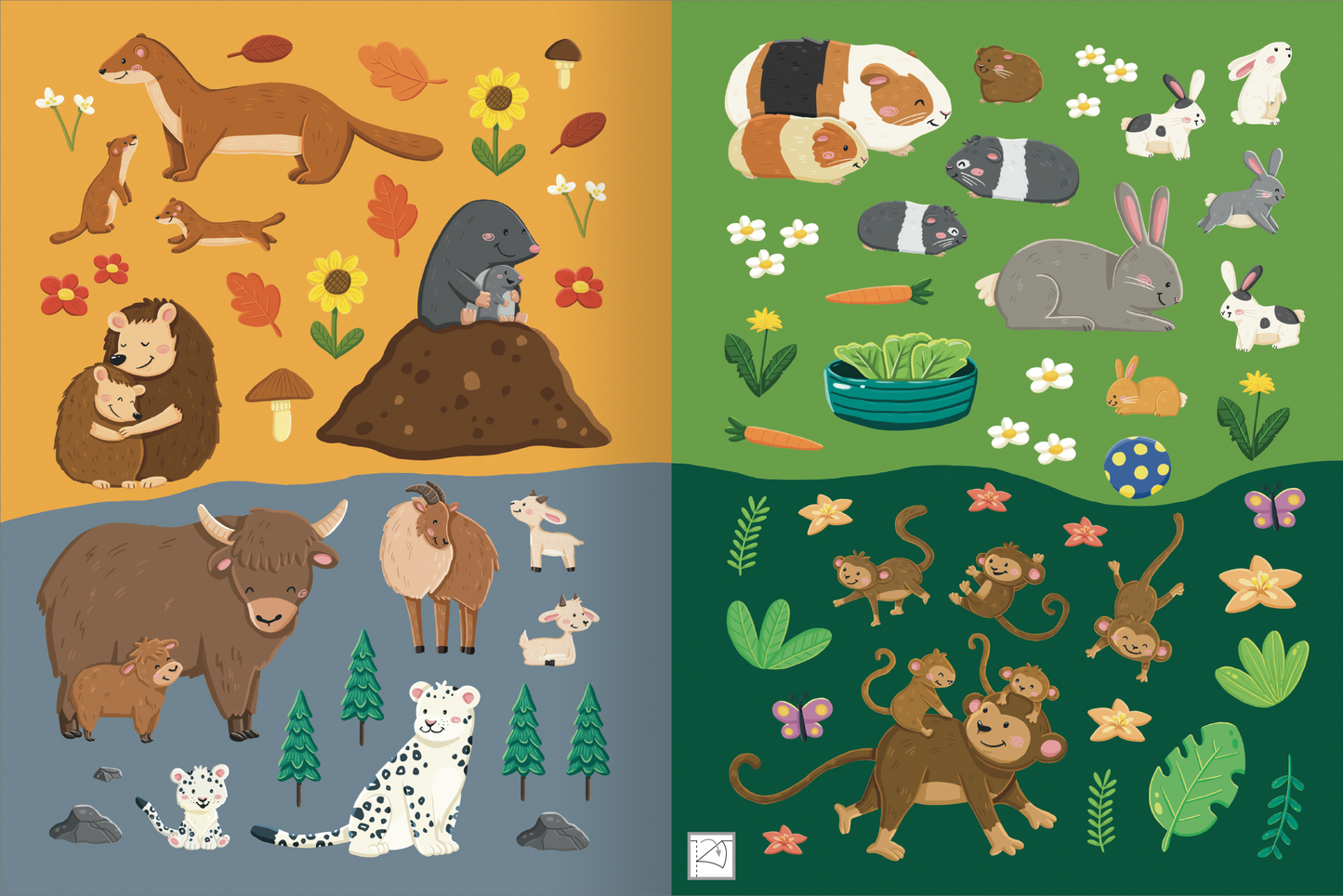 Gezeigt wird eine Innen- oder Zusatzansicht von „Erstes Stickern – Tierkinder“. Die Illustration zeigt verschiedene Tierkinder in lebhaften Farben auf vier unterschiedlichen Hintergründen. Links ist ein orangefarbener Hintergrund mit Tieren wie einem Maulwurf und niedlichen Säugetieren, umgeben von bunten Blumen sowie ein grauer Hintergrund mit Berbewohnern. Rechts ist sind zwei grüne Hintergründe mit Kaninchen, Meerschweinchen und Affen.