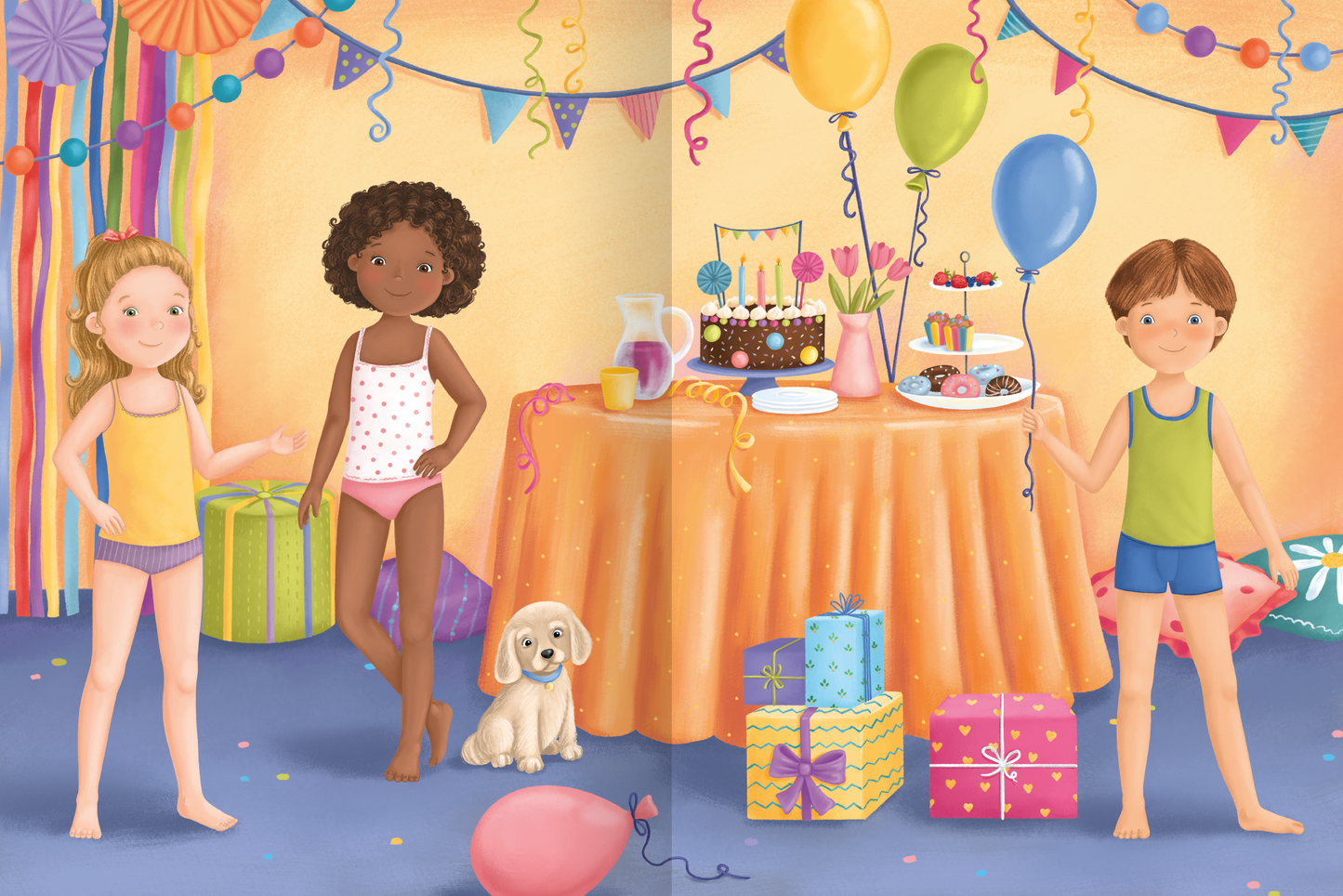 Gezeigt wird eine Innen- oder Zusatzansicht von „Erstes Stickern Anziehpuppen – Freundinnen und Freunde“. Die Szene zeigt drei fröhliche Kinder in bunter Unterwäsche, umgeben von farbenfrohen Ballons und einer festlich gedeckten Tafel mit einer Torte. Die Hintergrundfarbe ist ein sanftes Gelb, das eine fröhliche Atmosphäre schafft. Die Typografie ist verspielt und entspricht dem kinderfreundlichen Design. Geschenke in leuchtenden Farben ergänzen die festliche Stimmung.