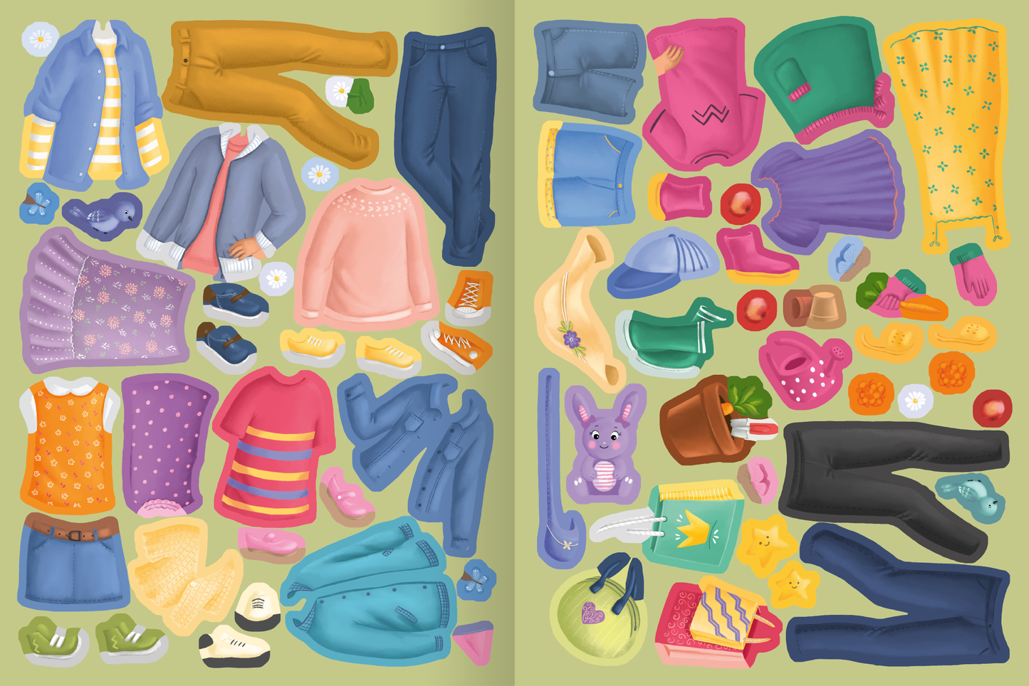 Gezeigt wird eine Innen- oder Zusatzansicht von „Erstes Stickern Anziehpuppen – Freundinnen und Freunde“. Die Abbildung zeigt eine Vielzahl bunter Kleidungsstücke und Accessoires, die auf einem pastellgrünen Hintergrund angeordnet sind. Zu sehen sind u.a. Oberteile in verschiedenen Farben, Hosen, Schuhe sowie tierische und pflanzliche Sticker. Die Typografie ist freundlich und verspielt gestaltet, was die ansprechende, kinderfreundliche Ästhetik unterstreicht.