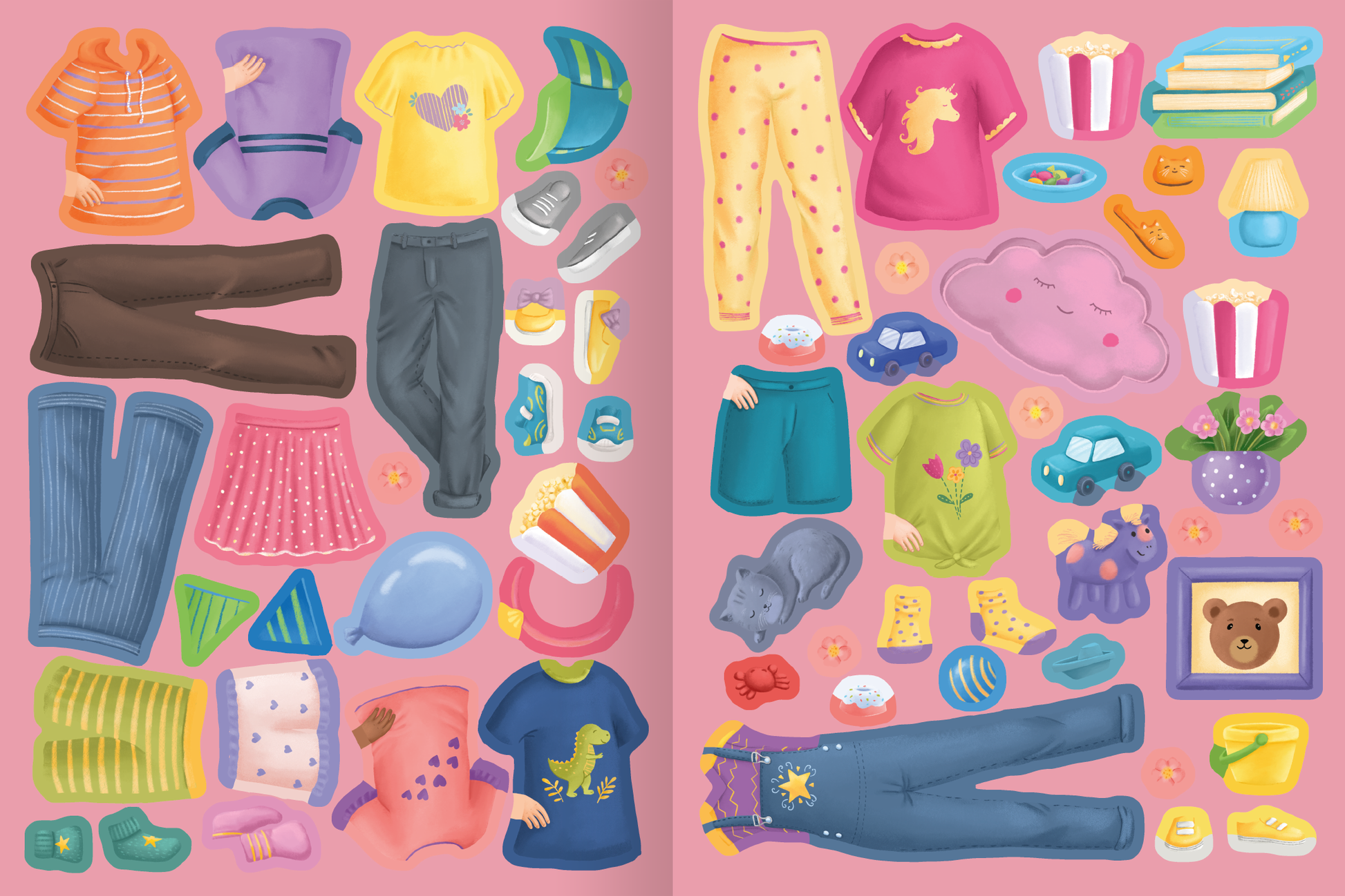 Gezeigt wird eine Innen- oder Zusatzansicht von „Erstes Stickern Anziehpuppen – Freundinnen und Freunde“. Die Darstellung zeigt eine Vielzahl von bunten Kleidungsstücken, darunter T-Shirts, Hosen und Accessoires, die auf einem rosa Hintergrund angeordnet sind. Die Farben sind lebhaft und umfassen Gelb, Blau, Pink und Grün. Verspielt gestaltete Motive, wie Dinosaurier und Einhörner, sind in die Designs integriert. Zusätzlich sind verschiedene Elemente wie Popcorn und Pflanzen...