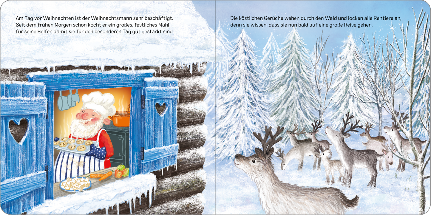 Gezeigt wird eine Innen- oder Zusatzansicht von „Das verlorene Rentier“. Die Illustration zeigt einen gemütlichen Holzhaus mit einem blauen Fenster, aus dem der Weihnachtsmann lächelt. Er trägt ein rotes Gewand und hält eine Blechdose mit Plätzchen. Draußen sind mehrere Rentiere in einer verschneiten Landschaft mit schneebedeckten Tannen zu sehen. Die Farbpalette umfasst warme Rottöne für den Weihnachtsmann und kühle Blautöne des Hauses sowie strahlendes Weiß der Schneedecke. Die...