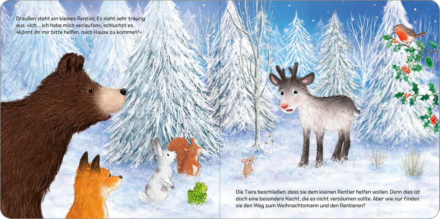 Gezeigt wird eine Innen- oder Zusatzansicht von „Das verlorene Rentier“. Die Illustration zeigt eine verschneite Winterlandschaft mit hohen Tannen und einem klaren blauen Himmel. Im Vordergrund stehen ein trauriges Rentier, ein Bär, ein Fuchs, ein Hase und ein Eichhörnchen. Die Tiere wirken freundlich und hilfsbereit, während kleine rote Beeren Akzente setzen. Die Farbpalette ist überwiegend kühl mit leuchtenden Tönen, und die Schrift ist verspielt und kindgerecht gestaltet.