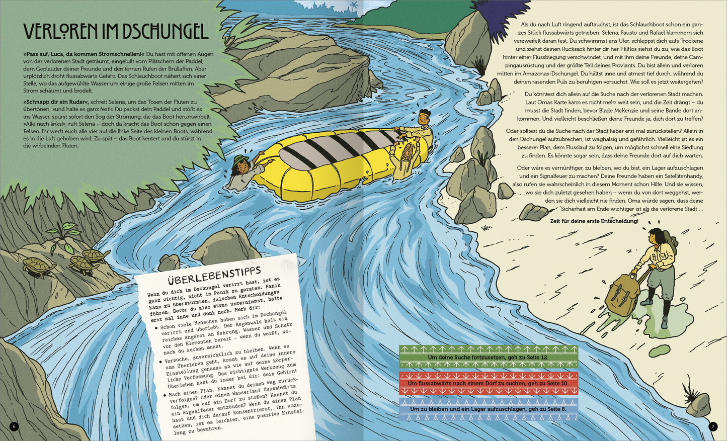 Gezeigt wird eine Innen- oder Zusatzansicht von „Finde die verlorene Stadt im Dschungel“. Die illustration zeigt einen lebhaften Dschungelfluss mit einem gelben Schlauchboot und zwei Abenteurern. Umgeben von steilen Felsen und grünem Ufer, strömt das Wasser dynamisch. Auf der linken Seite sind „Überlebensstipps“ in einer klaren, gut lesbaren Schrift auf weißem Hintergrund abgebildet. Die Farben sind kräftig und kontrastreich, wobei Grüntöne, Blautöne und warme Erdfarben...