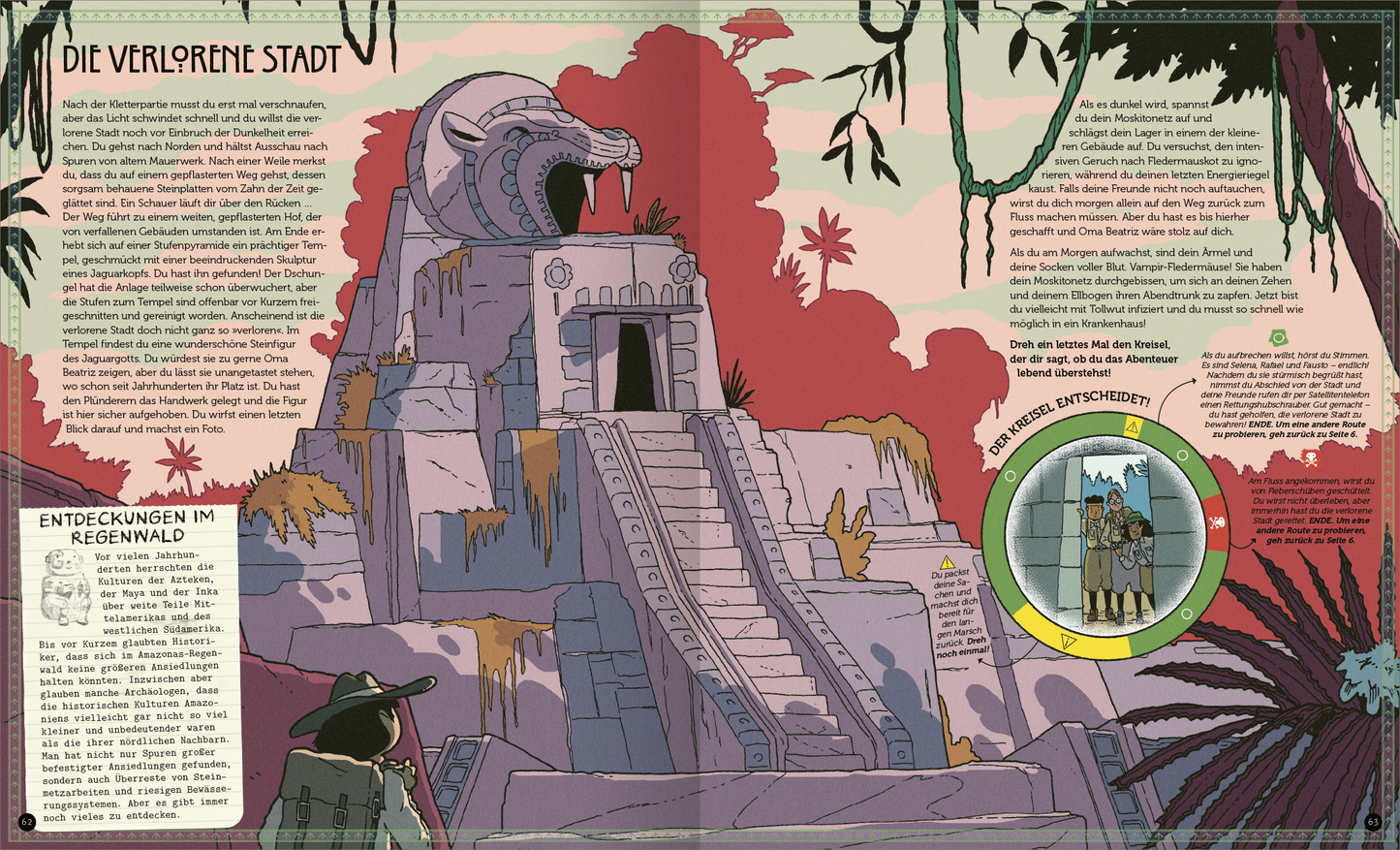 Gezeigt wird eine Innen- oder Zusatzansicht von „Finde die verlorene Stadt im Dschungel“. Die Illustration zeigt eine verschollene und von Pflanzen überwucherte Pyramide mit einem Löwenkopf. Die Farben sind überwiegend in sanften Tönen von Rosa, Grün und Braun gehalten. Am unteren Bildrand ist eine Figur zu sehen, die in einem Detailreich an Schichten und Texturen auf dem Weg zur Pyramide steht. Die Schrift ist gut lesbar und ergänzt das visuelle Erlebnis.