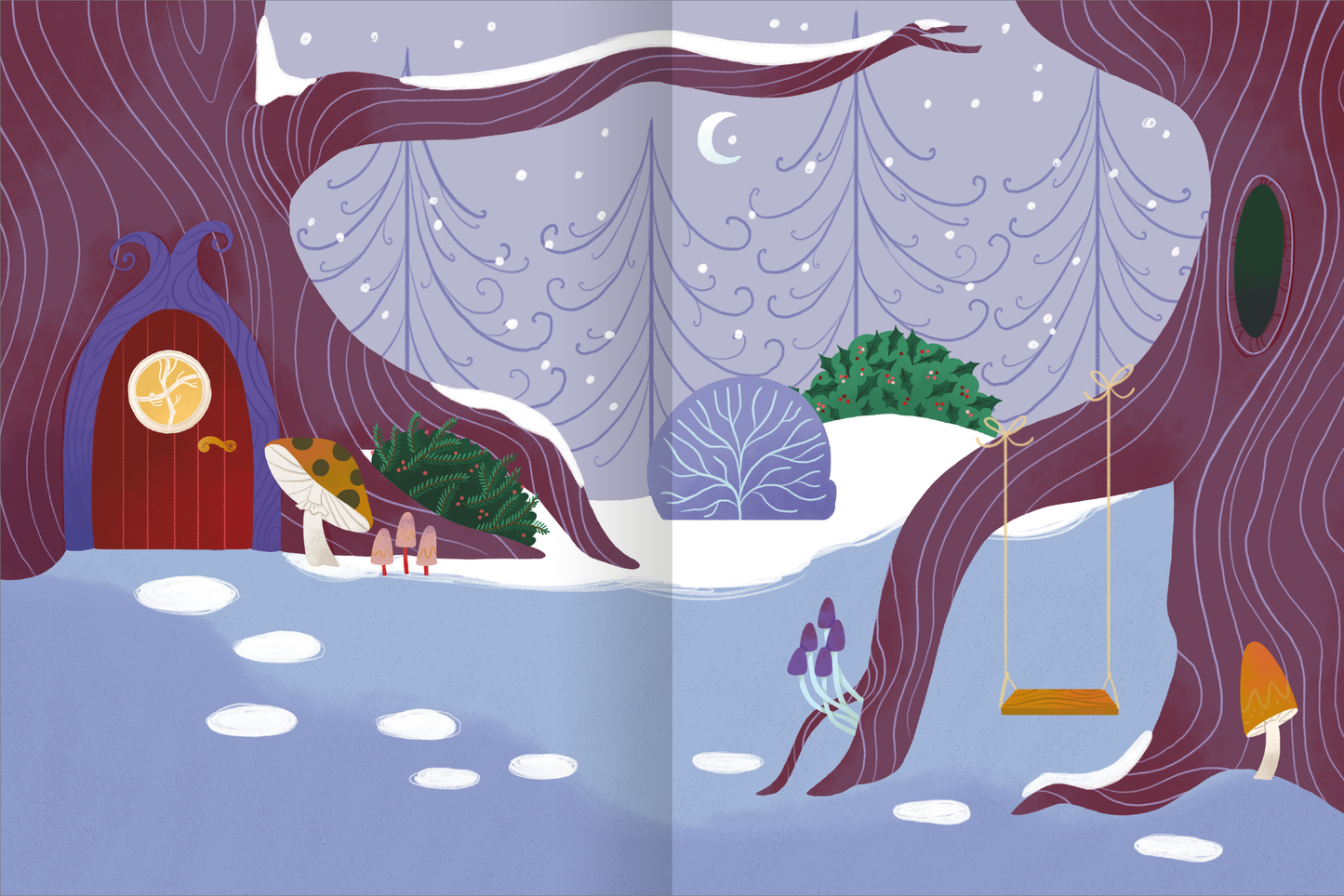 Gezeigt wird eine Innen- oder Zusatzansicht von „Erstes Stickern – Wichtelwelt“. Die Illustration zeigt eine verschneite Waldszene mit einem großen, purpurfarbenen Baum und einem roten Türen-Element. Darin sind grüne, runde Elemente und kleine Pilze in verschiedenen Formen angedeutet. Im Hintergrund sind verschneite Tannenbäume und ein schimmernder Mond zu sehen. Die Farben sind sanft und einladend, mit einer verspielten Typografie, die die freundliche Atmosphäre unterstreicht.