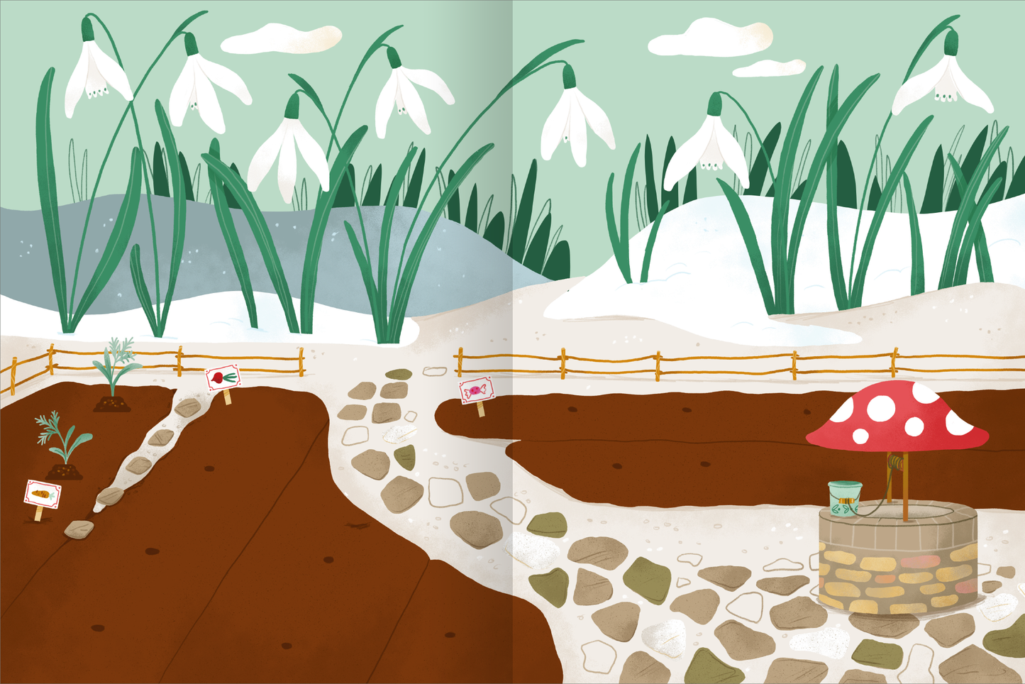 Gezeigt wird eine Innen- oder Zusatzansicht von „Erstes Stickern – Wichtelwelt“. Die Illustration zeigt eine frühlingshafte Landschaft mit blühenden Schneeglöckchen und grünem Gras. Ein gepflasterter Weg führt zu einem Steinkreis mit einem rot-weiß gepunkteten Pilz und einem Brunnen. Links sind verschiedene Pflanzen mit kleinen Schildern zu sehen, die in der braunen Erde stecken. Die sanften Pastellfarben und ein klarer, spielerischer Schriftzug ergänzen die freundliche Atmosphäre.