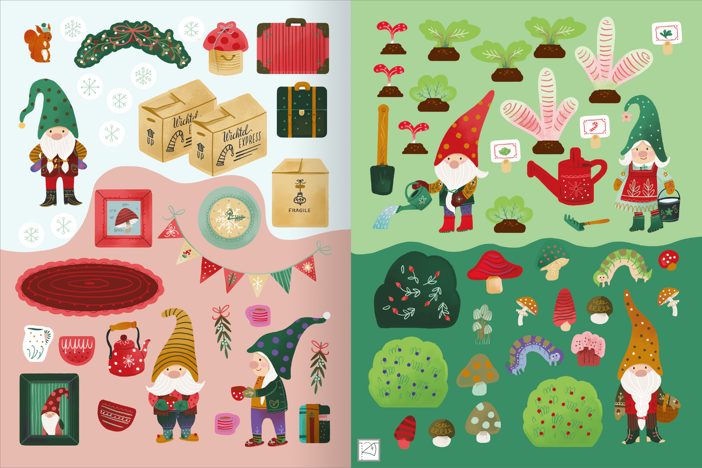 Gezeigt wird eine Innen- oder Zusatzansicht von „Erstes Stickern – Wichtelwelt“. Die Illustration zeigt ein farbenfrohes Arrangement von Wichteln in verschiedenen Posen, umgeben von Gegenständen wie Töpfen, Geschenken und Pflanzen. Die linke Seite weist rötliche und pinkfarbene Töne auf, während die rechte Seite in sanften Grüntönen gestaltet ist. Bunte Sticker-Elemente, darunter Pilze und Dekorationen, sind ebenfalls sichtbar. Die Typografie ist verspielt und kindgerecht, passend...