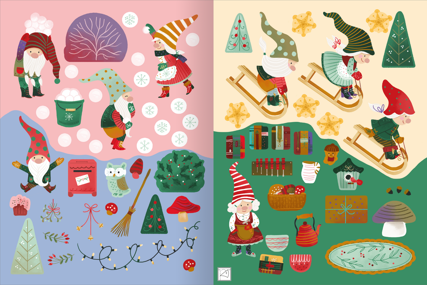 Gezeigt wird eine Innen- oder Zusatzansicht von „Erstes Stickern – Wichtelwelt“. Die Seite ist farbenfroh gestaltet und zeigt eine Vielzahl von weihnachtlichen Stickern. Auf der linken Seite dominieren pastellfarbene Töne, einschließlich rosa und blau, mit Wichteln, Schneeflocken und dekorativen Elementen. Die rechte Seite in sanften Grüntönen zeigt Wichtel beim Rodeln, Sterne und weitere festliche Motive. Die Typografie ist verspielt und harmoniert mit den Illustrationen.