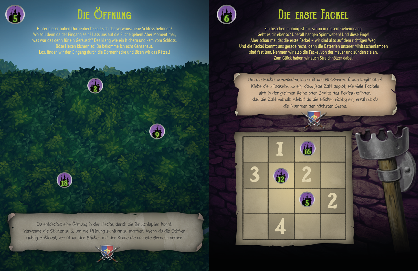 Gezeigt wird eine Innen- oder Zusatzansicht von „Krimi-Sticker-Rätsel – Das verwunschene Schloss“. Auf der linken Seite befindet sich ein grüner Wald mit nummerierten, lilafarbenen Kreisen, die Hinweise darstellen. Darüber steht der Titel „Die Öffnung“ in einer verschnörkelten, blauen Schrift. Die rechte Seite zeigt eine Steinwand, mit dem Titel „Die erste Fackel“ in ähnlicher Schrift. Ein Raster mit Zahlen sowie ein Symbol einer Fackel sind sichtbar, um Hinweise zu geben....
