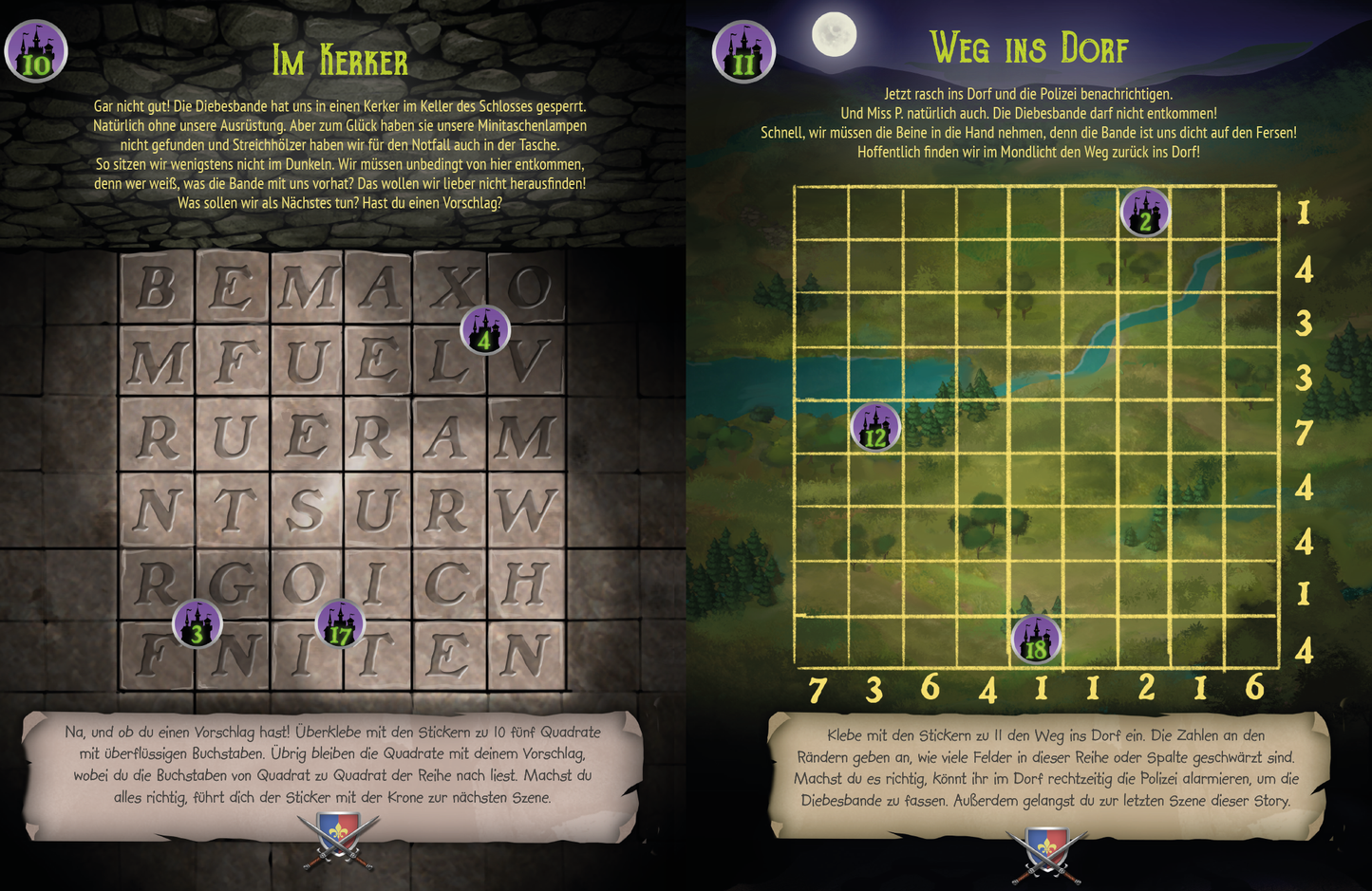 Gezeigt wird eine Innen- oder Zusatzansicht von „Krimi-Sticker-Rätsel – Das verwunschene Schloss“. Auf der linken Seite befindet sich das Rätsel „Im Kerker“ mit vertikalen und horizontalen Buchstaben in einem grauen Steinmuster, darüber stehen die Instruktionen in einer dekorativen Schrift. Rechts zeigt die Seite „Weg ins Dorf“ ein rautenförmiges Rastersystem, das von einer lila Umrandung umgeben ist. Die Farben sind insgesamt in dunklen, mystischen Tönen gehalten, die...