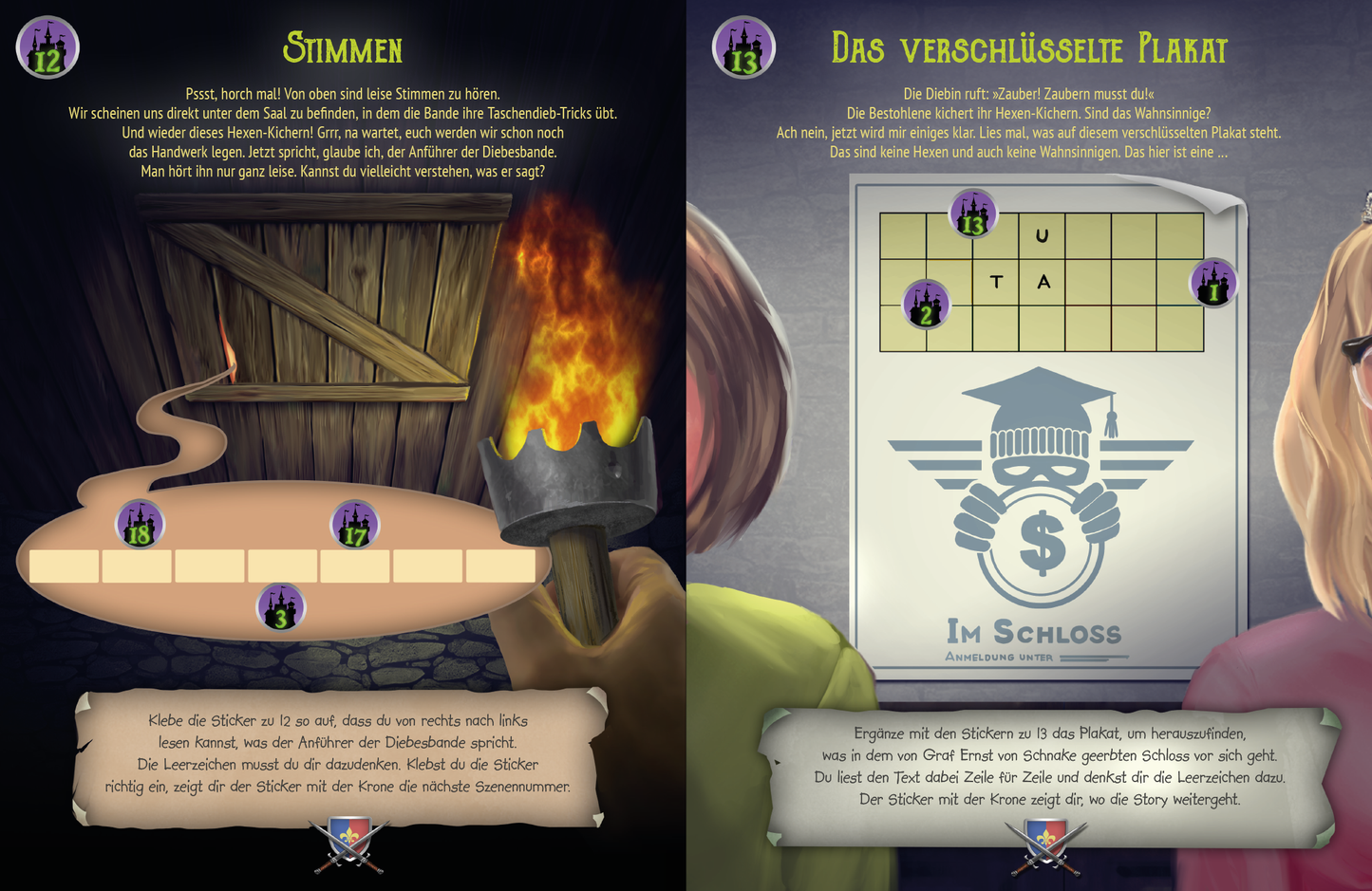 Gezeigt wird eine Innen- oder Zusatzansicht von „Krimi-Sticker-Rätsel – Das verwunschene Schloss“. Die Seite präsentiert zwei Abschnitte. Links ist ein mysteriöser Raum mit einem Holzregal im Hintergrund und einer brennenden Fackel. Rechteckige Sticker sind nummeriert und in gelben und lila Farben gehalten. Rechts befindet sich ein verschlüsseltes Plakat mit einem grauen Wappen und dem Hinweis „Im Schloss“. Die weiße Schrift auf grauem Hintergrund ist gut lesbar und vermittelt...