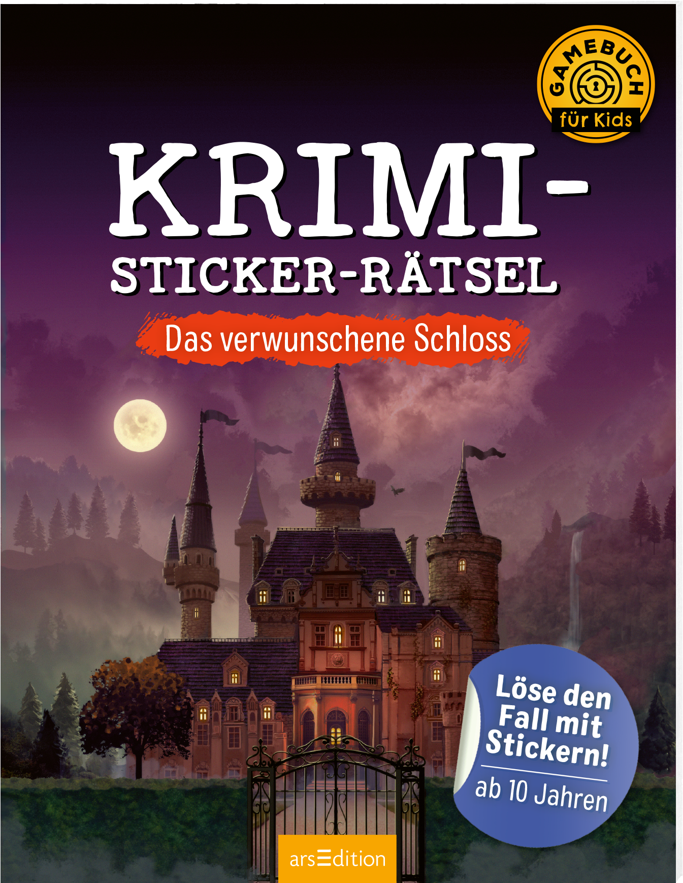 Das Buchcover zeigt ein geheimnisvolles Schloss im Dämmerlicht, umgeben von düsteren Bäumen und einem großen Eisenzaun. Der Himmel ist schattig mit einem leuchtenden Mond. Der Titel „KRIMI-STICKER-RÄTSEL“ ist in großen weißen Buchstaben geschrieben, der Untertitel „Das verwunschene Schloss“ hebt sich in kräftigem Orange ab. In der oberen Ecke befindet sich der orangefarbene Hinweis „GAMEBUCH für Kids“. Unten auf dem Cover steht „Löse den Fall mit Stickern! ab 10...