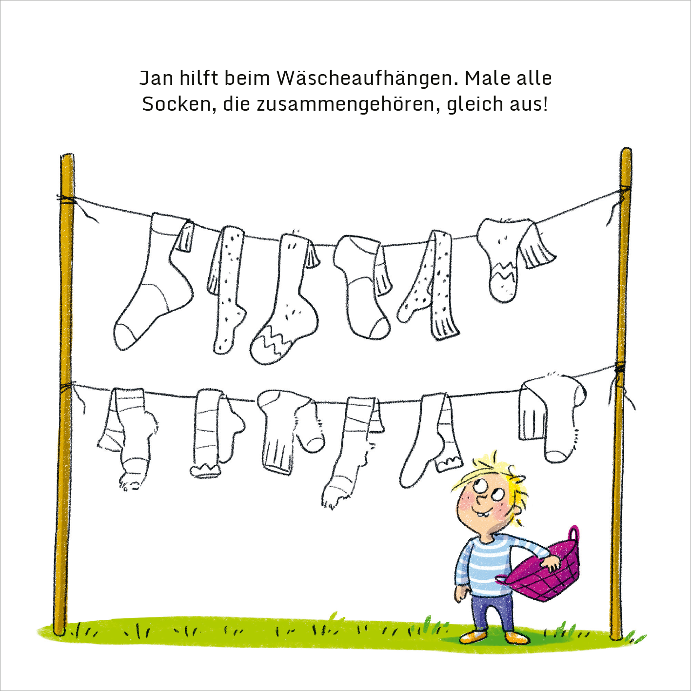 Gezeigt wird eine Innen- oder Zusatzansicht von „Mein dicker Vorschul-Block“. Zu sehen ist ein fröhlicher Junge mit blonden Haaren, der vor einer Wäscheleine steht. An der Leine hängen verschiedene Socken in leuchtenden Farben wie Weiß, Blau, und Grau. Der Junge trägt ein gestreiftes Shirt in Blau und Weiß und hält einen Korb. Über ihm steht der Text: „Jan hilft beim Wäscheaufhängen. Male alle Socken, die zusammengehören, gleich aus!“. Der Hintergrund ist einfach gehalten,...