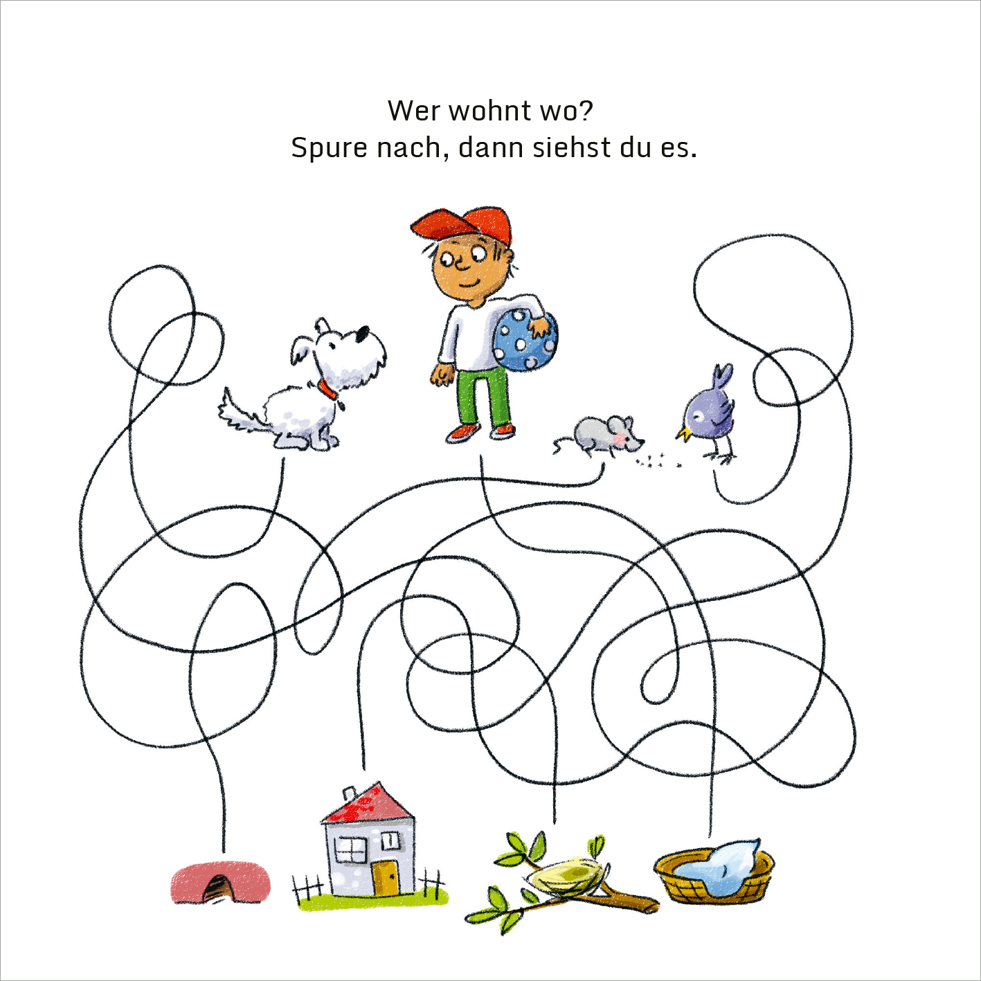 Gezeigt wird eine Innen- oder Zusatzansicht von „Mein dicker Vorschul-Block“. Die Seite zeigt einen Jungen mit roter Mütze und blauer Oberbekleidung, der einen Ball hält. Um ihn herum sind ein Hund, eine Maus, ein Vogel und ein Haus abgebildet. Die Illustration ist farbenfroh, mit klaren Konturen und einer verspielten Schrift. Ein Hinweistext oben lautet: „Wer wohnt wo? Spure nach, dann siehst du es.“ Die Wege zwischen den Tieren und dem Haus sind in lockeren, gewundenen Linien...