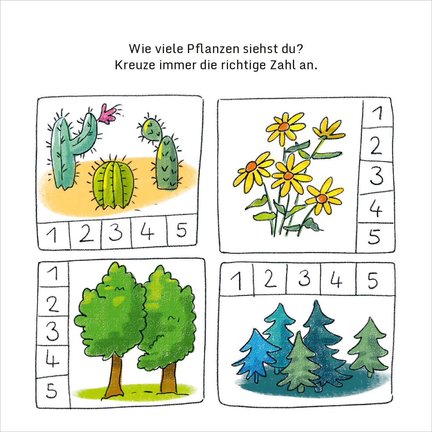 Gezeigt wird eine Innenansicht von „Mein dicker Vorschul-Block“. Die Seite enthält vier farbenfrohe Illustrationen von Pflanzen: zwei Kakteen in der oberen linken Ecke, gelbe Blumen in der oberen rechten Ecke, zwei grüne Bäume in der unteren linken Ecke und eine Gruppe von Tannenbäumen in der unteren rechten Ecke. Jede Zeichnung wird von Zahlenkästchen (1-5) begleitet, in denen Kinder die richtige Zahl ankreuzen sollen. Der Hintergrund ist schlicht und in sanften Farben gehalten.