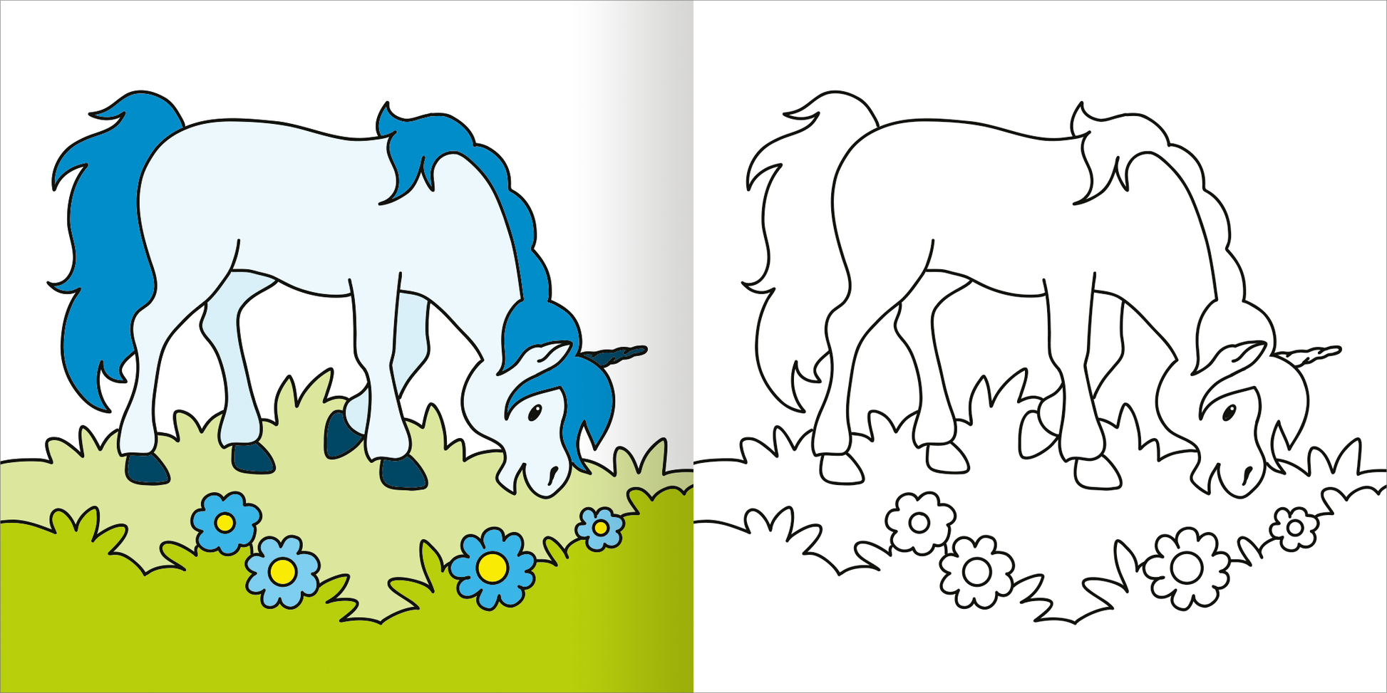 Gezeigt wird eine Innen- oder Zusatzansicht von „Mein erstes dickes Malbuch ab 2 – Einhörner“. Die Abbildung zeigt auf der linken Seite ein farbiges, fröhliches Einhorn mit blauer Mähne, das auf einer grünen Wiese mit bunten Blumen frisst. Auf der rechten Seite ist die gleiche Szene in einer schwarz-weißen Ausmalversion dargestellt. Die kräftigen Farben und klaren Konturen fördern die visuelle Ansprache für Kinder.