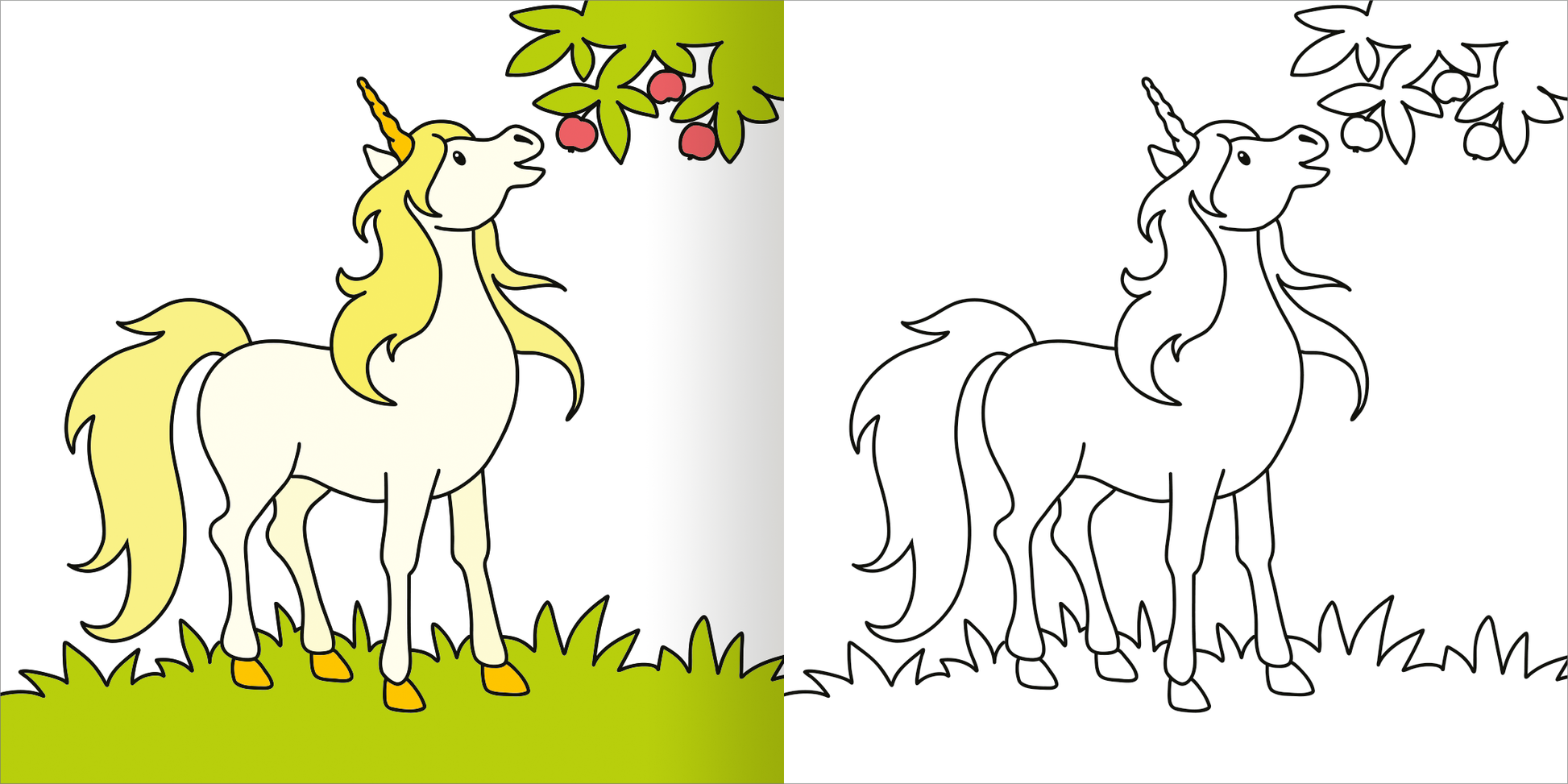 Gezeigt wird eine Innen- oder Zusatzansicht von „Mein erstes dickes Malbuch ab 2 – Einhörner“. Die Abbildung zeigt ein fröhliches Einhorn mit blonden Locken, das an einem Baum mit grünen Blättern und roten Äpfeln steht. Die linke Seite ist farbig und lebendig gestaltet, während die rechte Seite die Konturen des Einhorns und des Baums in Schwarz-Weiß zeigt, um zum Ausmalen einzuladen. Die Schrift ist kindgerecht und klar.
