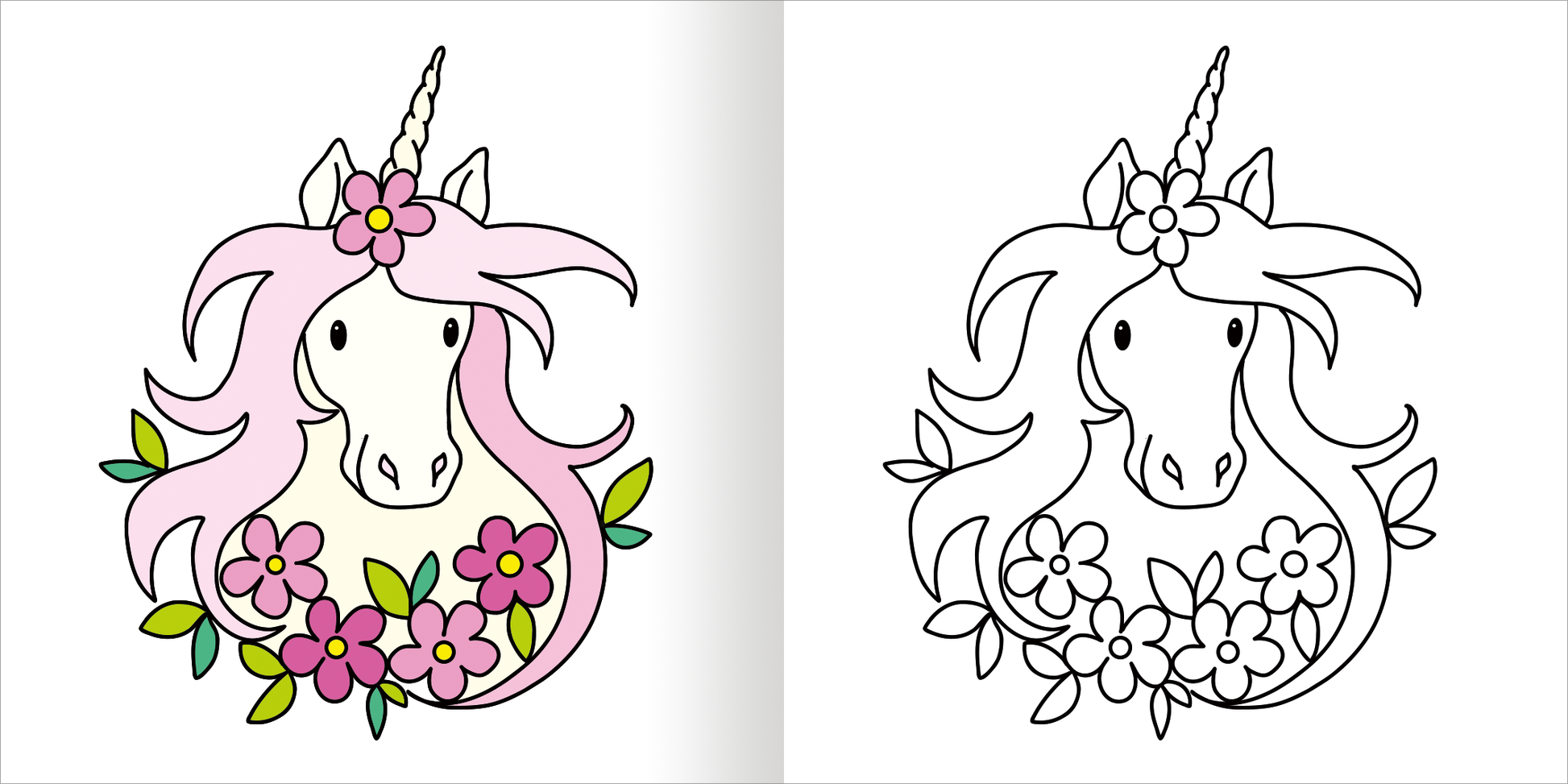 Gezeigt wird eine Innen- oder Zusatzansicht von „Mein erstes dickes Malbuch ab 2 – Einhörner“. Die Abbildung zeigt ein freundliches Einhorn mit pinker Mähne, umgeben von bunten Blumen. Links ist das Einhorn farbig gestaltet, während die rechte Seite eine schwarz-weiße Umrisszeichnung zeigt. Die Farbpalette ist lebhaft und ansprechend für Kinder, mit einer verspielten Schriftart, die die kindliche Fantasie anregt.