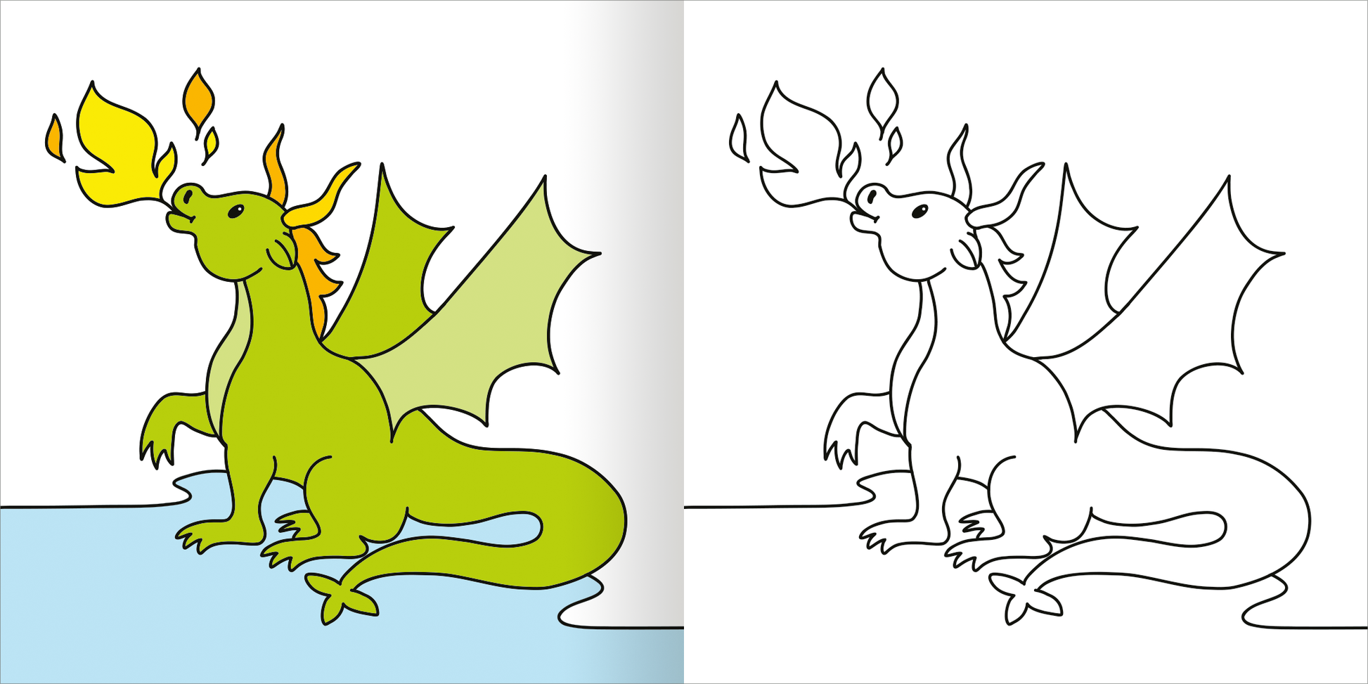 Gezeigt wird eine Innen- oder Zusatzansicht von „Mein erstes dickes Malbuch ab 2 – Einhörner“. Die Abbildung zeigt einen bunten Drachen, der orangefarbene Feuerflammen aus seinem Mund speit. Der Drache ist in einem hellen Grünton gehalten und hat prägnante, spitze Flügel. Die Umgebung ist einfach gestaltet, mit einem hellblauen Wasserbereich. Rechts daneben ist eine schwarz-weiße Konturzeichnung des gleichen Drachen, die zum Ausmalen einlädt. Die Schrift ist klar und freundlich.