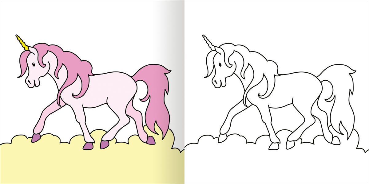 Gezeigt wird eine Innen- oder Zusatzansicht von „Mein erstes dickes Malbuch ab 2 – Einhörner“. Auf der linken Seite ist ein farbenfrohes, pink und weiß gestrichenes Einhorn in einer spielerischen Pose abgebildet, umgeben von gelben Wolken. Die rechte Seite zeigt die schwarz-weiße Kontur des gleichen Einhorns, bereit zum Ausmalen. Die Schrift ist klar und freundlich gestaltet, um die Zielgruppe der Kleinkinder anzusprechen.