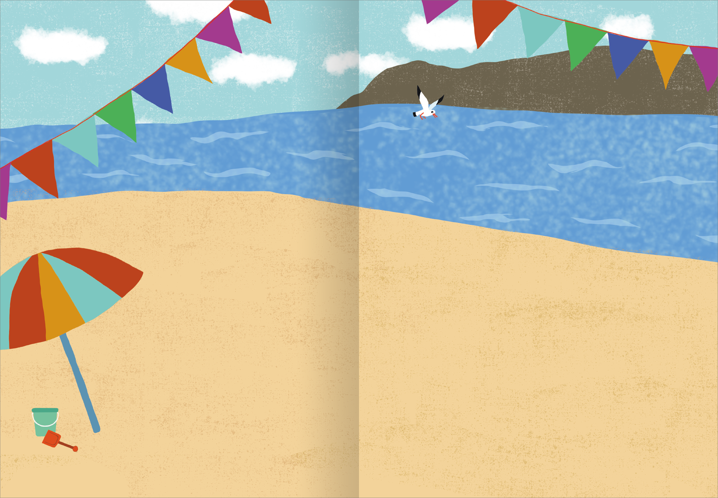 Gezeigt wird eine Innen- oder Zusatzansicht von „Erstes Stickern – Am Meer“. Die Illustration zeigt einen sonnigen Strand mit sandiger Fläche, auf der eine bunte Strandmuschel in Rot, Blau und Orange steht. Im Hintergrund ist das blaue Wasser des Meeres zu sehen, das sanfte Wellen schlägt. Über dem Strand hängen farbenfrohe Wimpel in Rot, Gelb, Blau und Grün, während am Himmel einige weiße Wolken zu erkennen sind.
