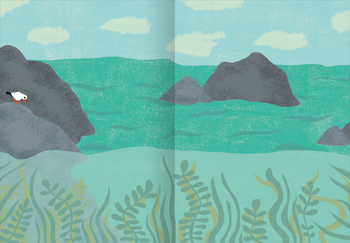 Gezeigt wird eine Innen- oder Zusatzansicht von „Erstes Stickern – Am Meer“. Das Bild zeigt eine ruhige Meereslandschaft mit sanften Wellen und grauen Felsen im Hintergrund. Der Himmel ist hellblau mit vereinzelten, flauschigen Wolken. Im Vordergrund wachsen grüne Seehalme, die für eine lebendige Unterwasseratmosphäre sorgen. Die Farbpalette ist beruhigend, mit sanften Türkis- und Grautönen, die steigende Ruhe und Natürlichkeit vermitteln.
