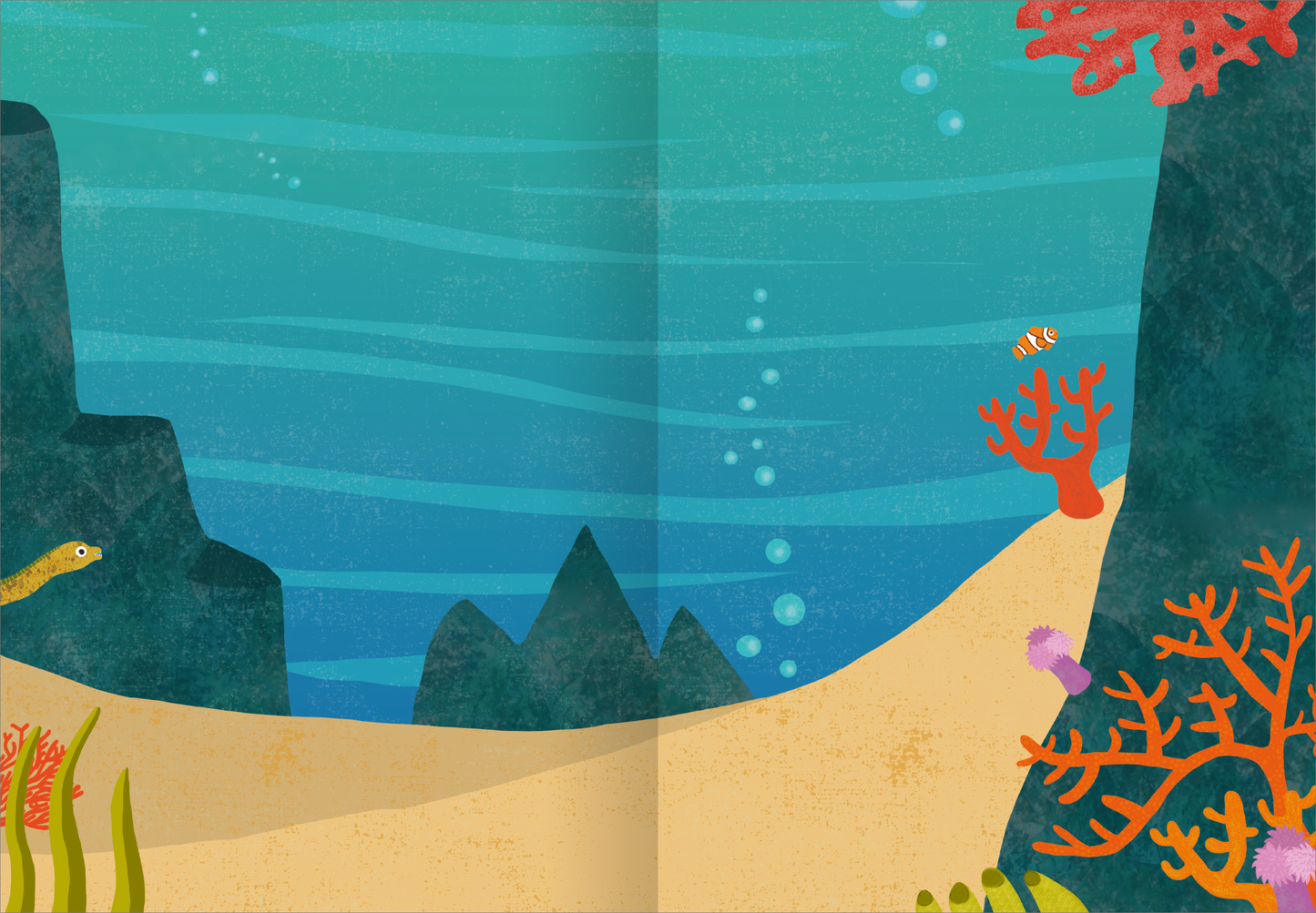 Gezeigt wird eine Innen- oder Zusatzansicht von „Erstes Stickern – Am Meer“. Die Illustration zeigt eine lebendige Unterwasserlandschaft mit sanften blauen Wasser-Farbtönen und geschwungenen Linien, die Wellen darstellen. An den Rändern sind bunte Korallen und pflanzenähnliche Elemente in Gelb, Orange und Lila abgebildet. Ein paar Luftblasen und kleine Fische verleihen der Szene Dynamik. Die gesamte Komposition ist spielerisch und ansprechend gestaltet, wodurch ein einladendes...